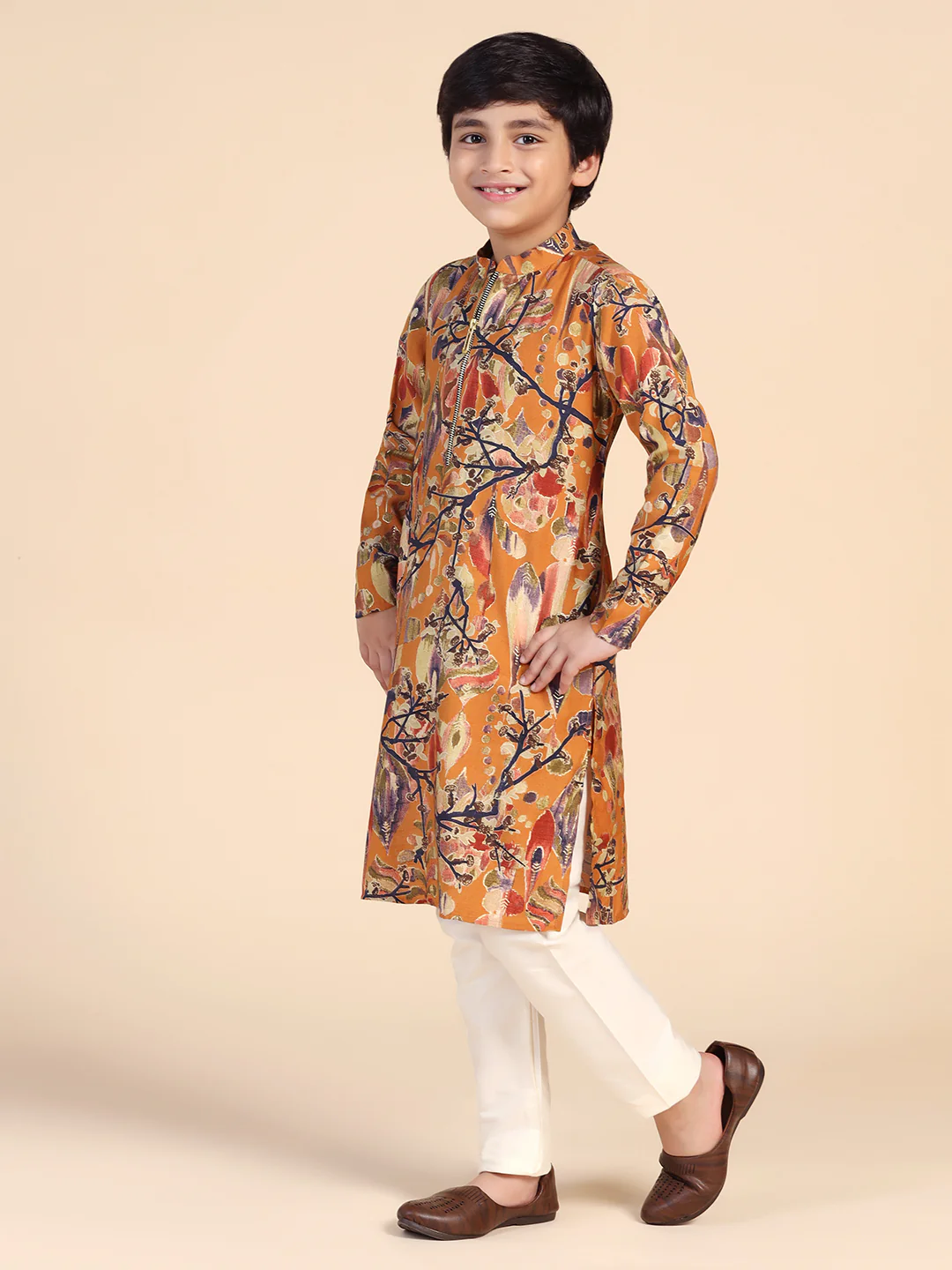 Boy's Mustard Printed Kurta - Image 3