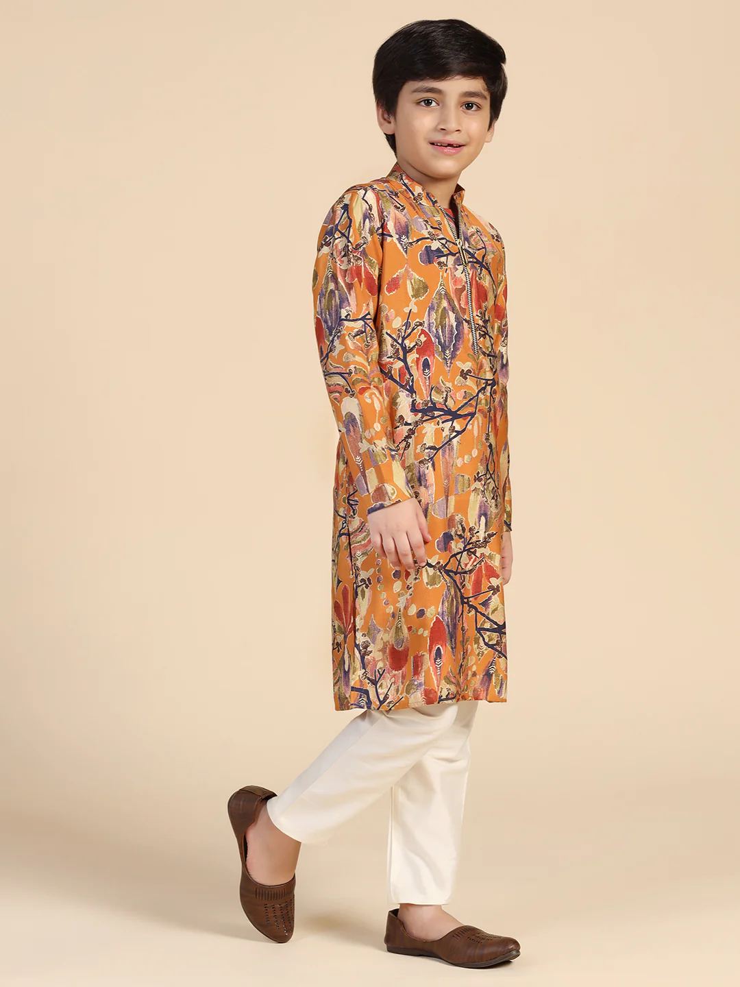 Boy's Mustard Printed Kurta Pyjama Set - Image 2