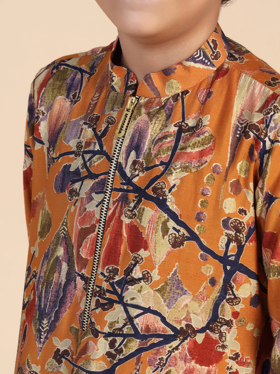 Boy's Mustard Printed Kurta Pyjama Set - Image 5
