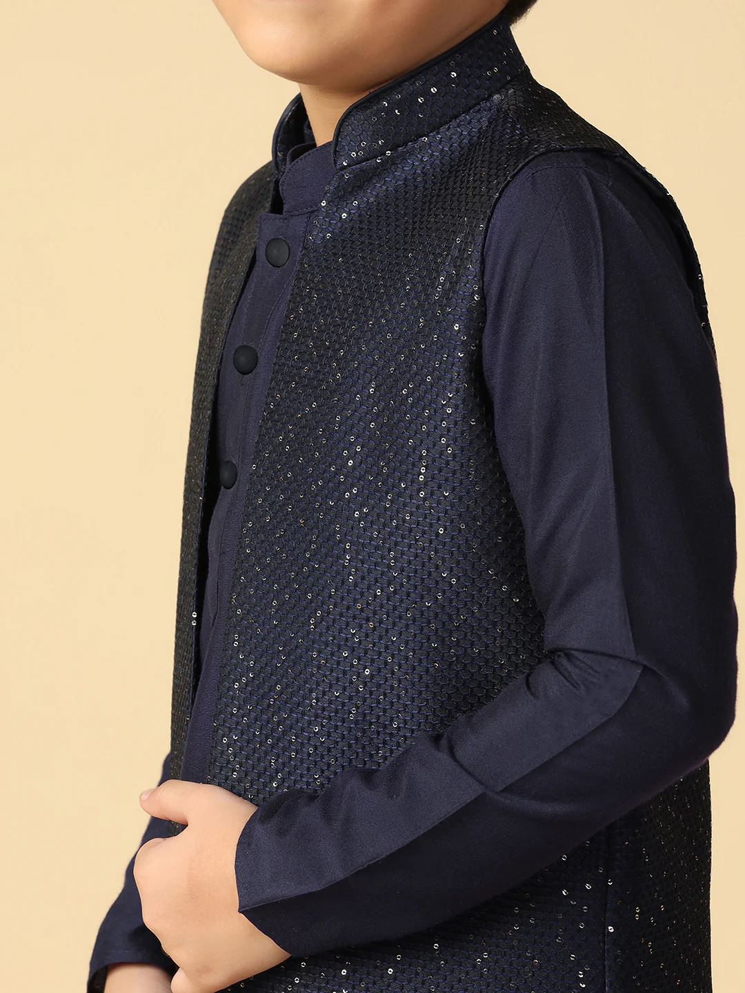 Boy's Navy Blue Embellished Sequinned Kurta Nehru Jacket Pyjama Set - Image 5