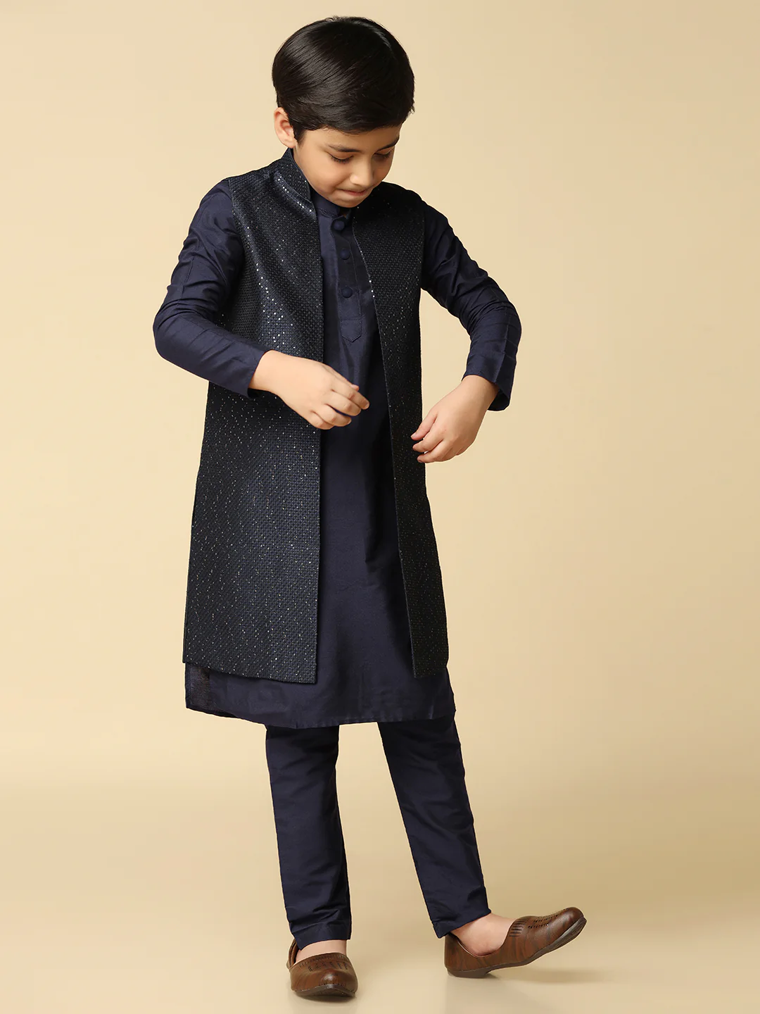 Boy's Navy Blue Embellished Sequinned Kurta Nehru Jacket Pyjama Set - Image 8