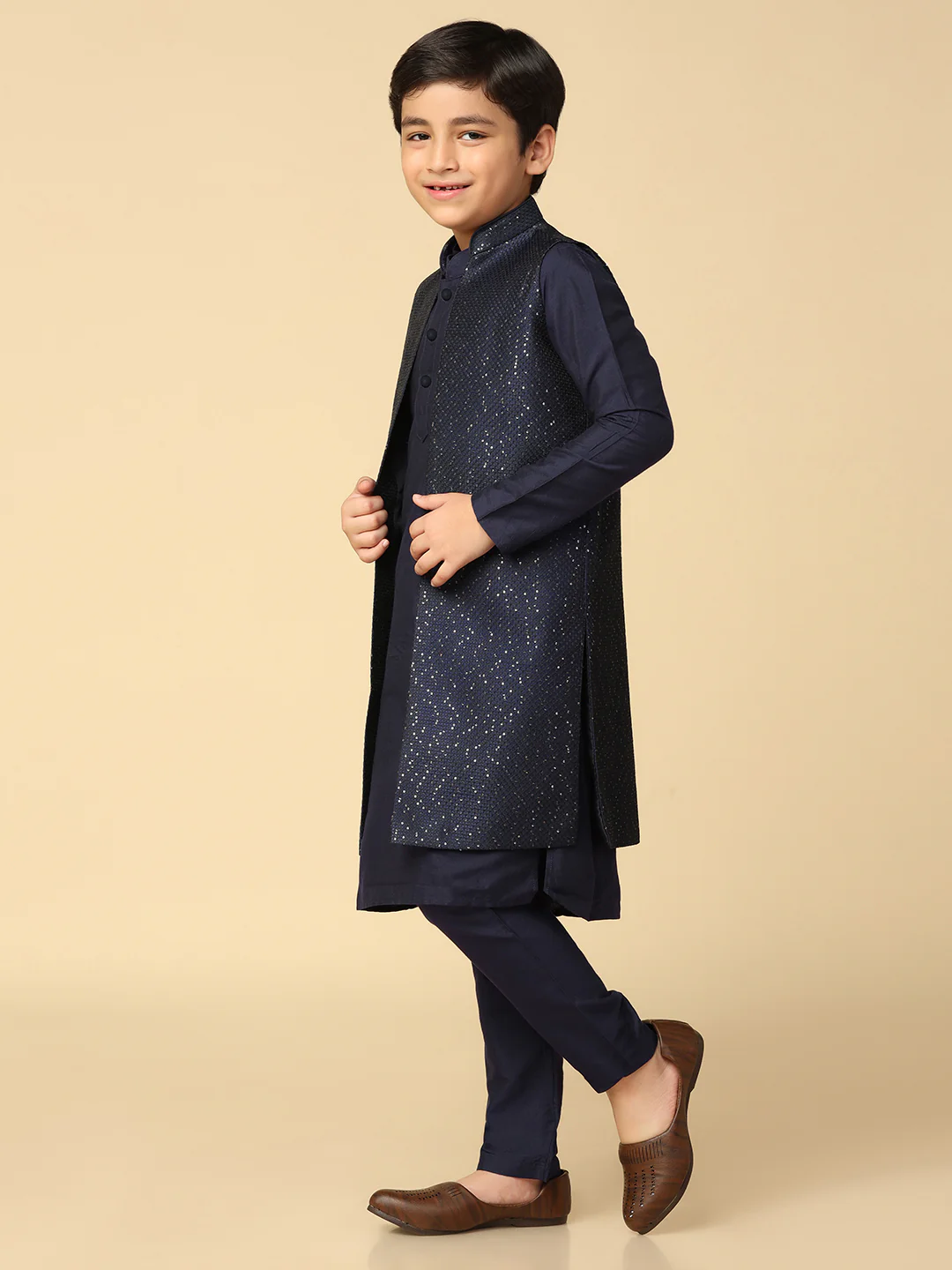 Boy's Navy Blue Embellished Sequinned Nehru Jacket - Image 2