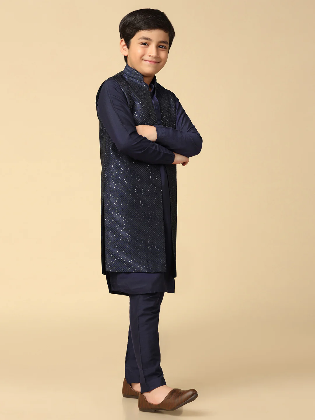 Boy's Navy Blue Embellished Sequinned Nehru Jacket - Image 3