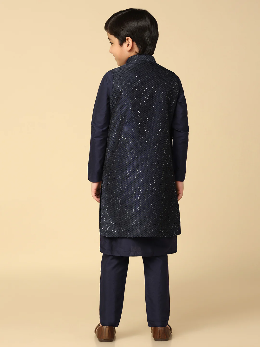 Boy's Navy Blue Embellished Sequinned Nehru Jacket - Image 4