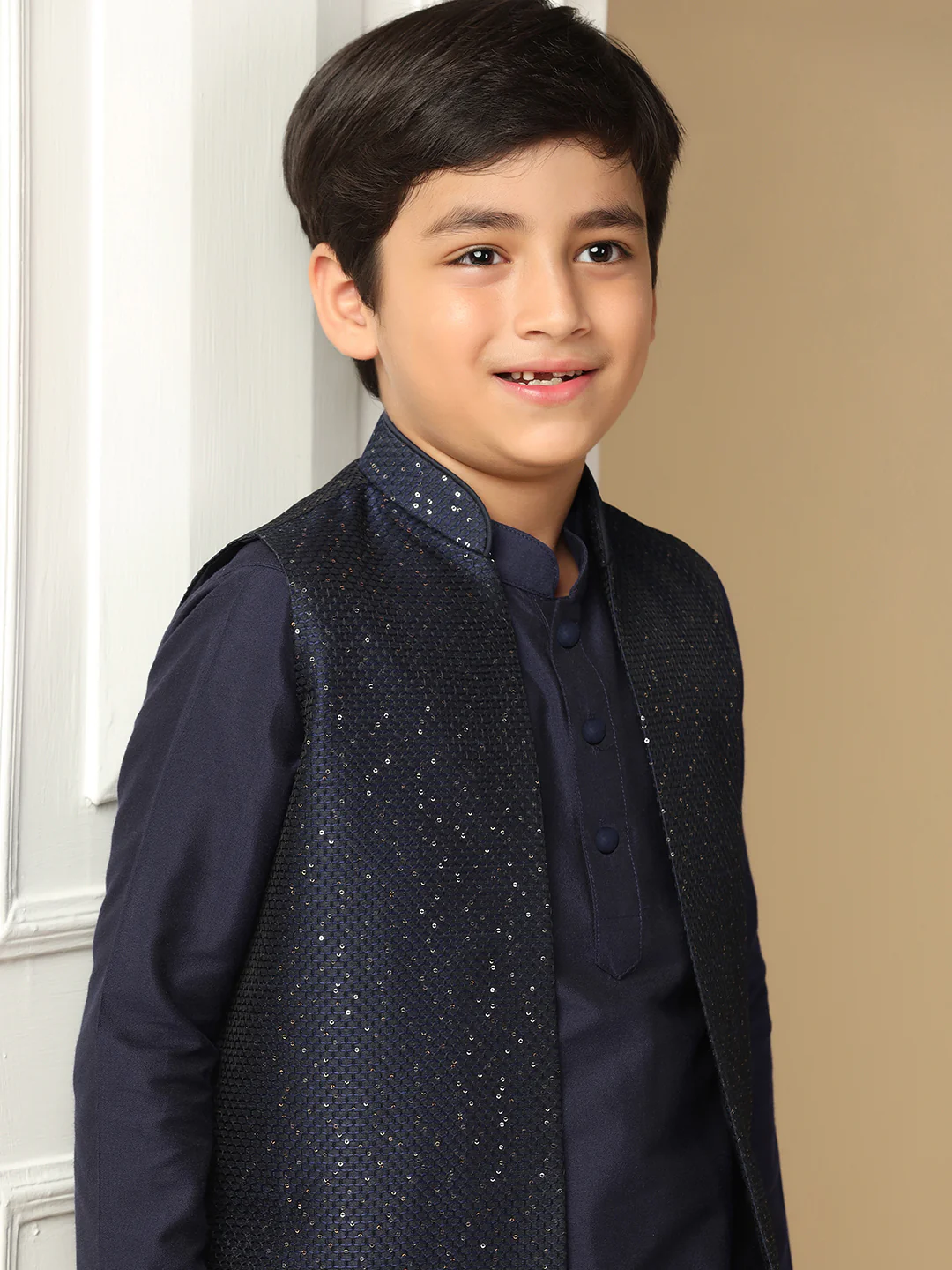 Boy's Navy Blue Embellished Sequinned Nehru Jacket - Image 7