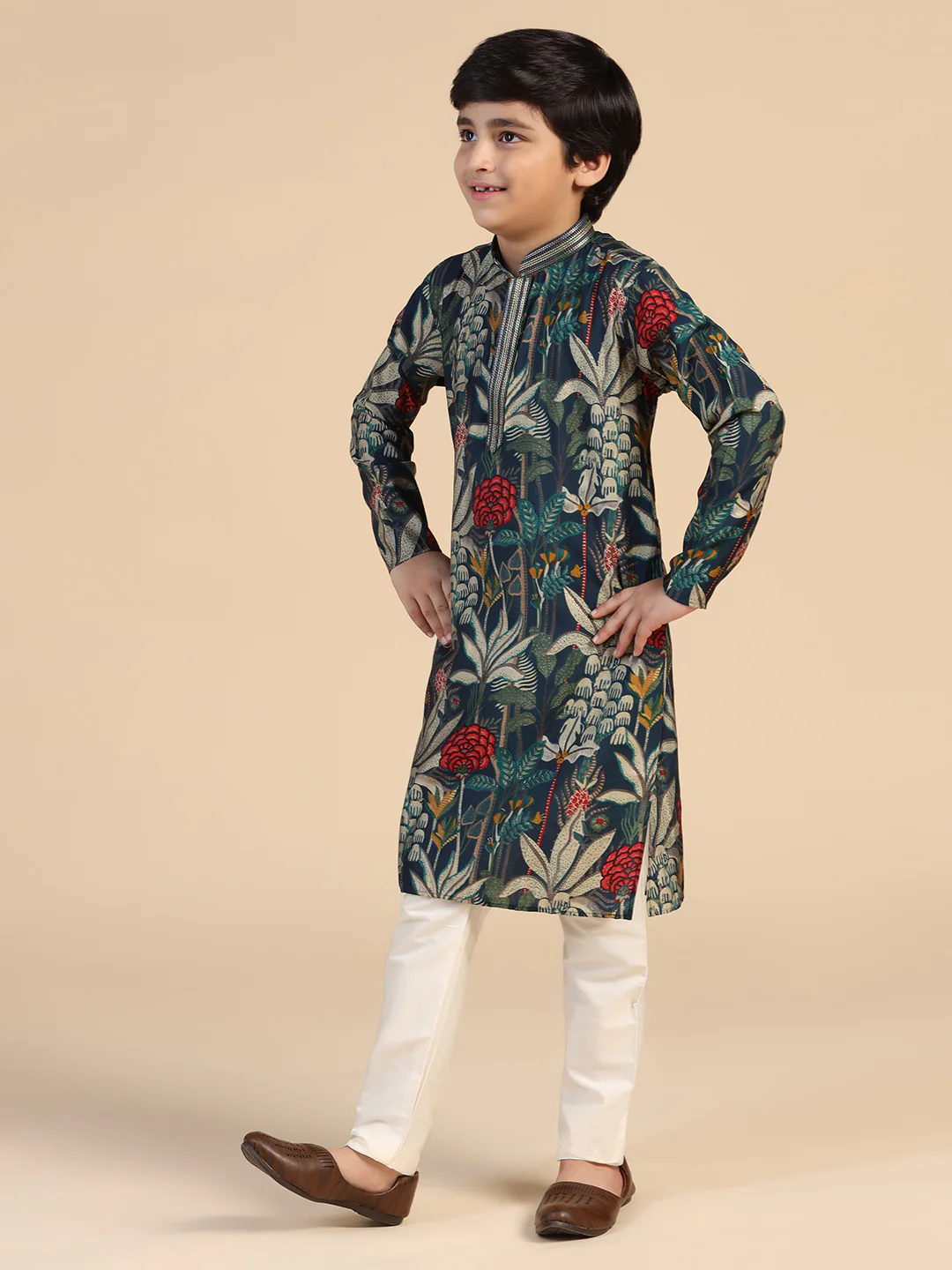Boy's Navy Blue Floral Kurta - Image 3