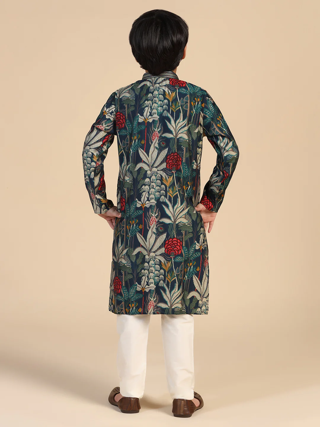 Boy's Navy Blue Floral Kurta - Image 4