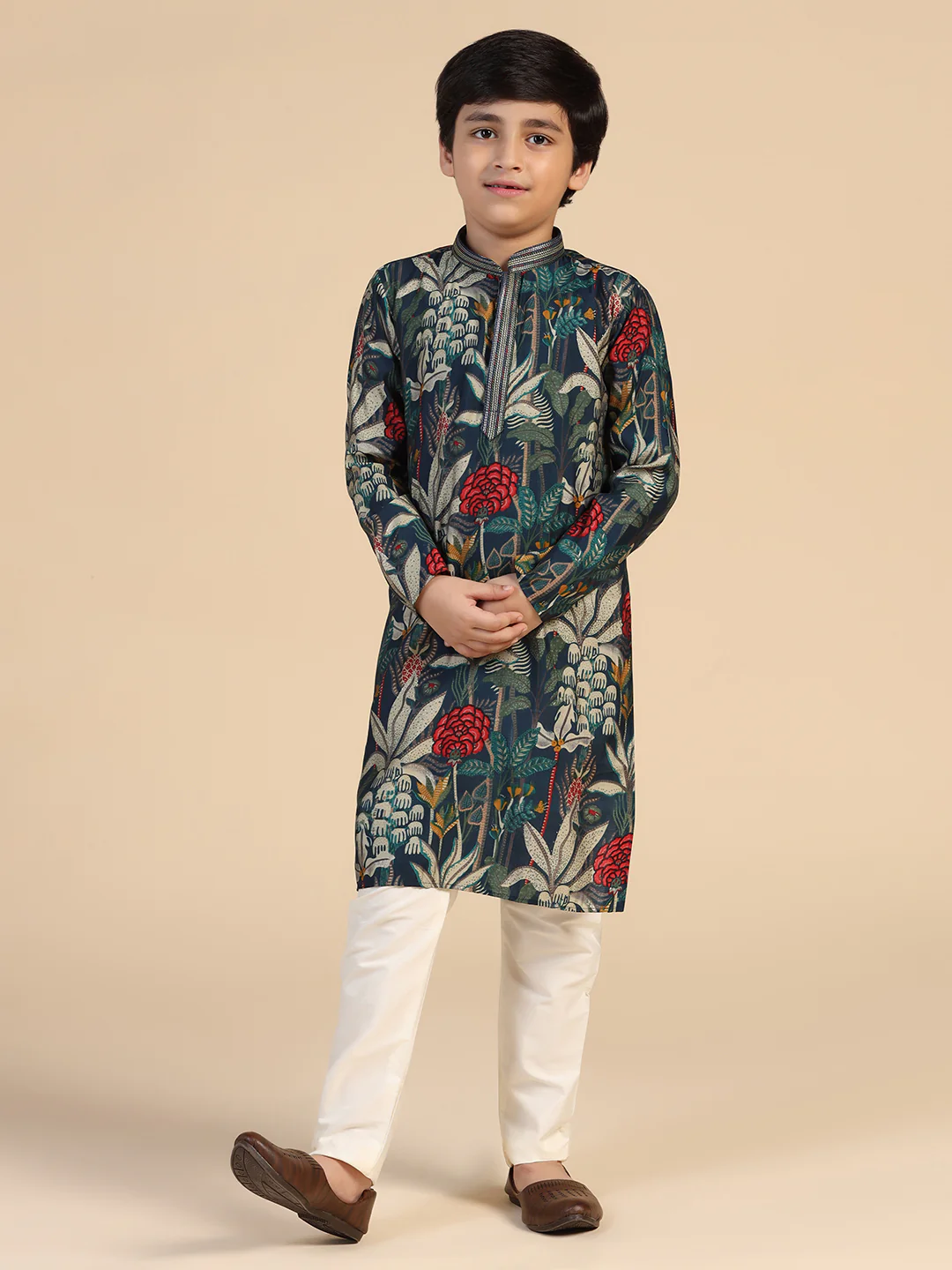 Boy's Navy Blue Floral Kurta - Image 6