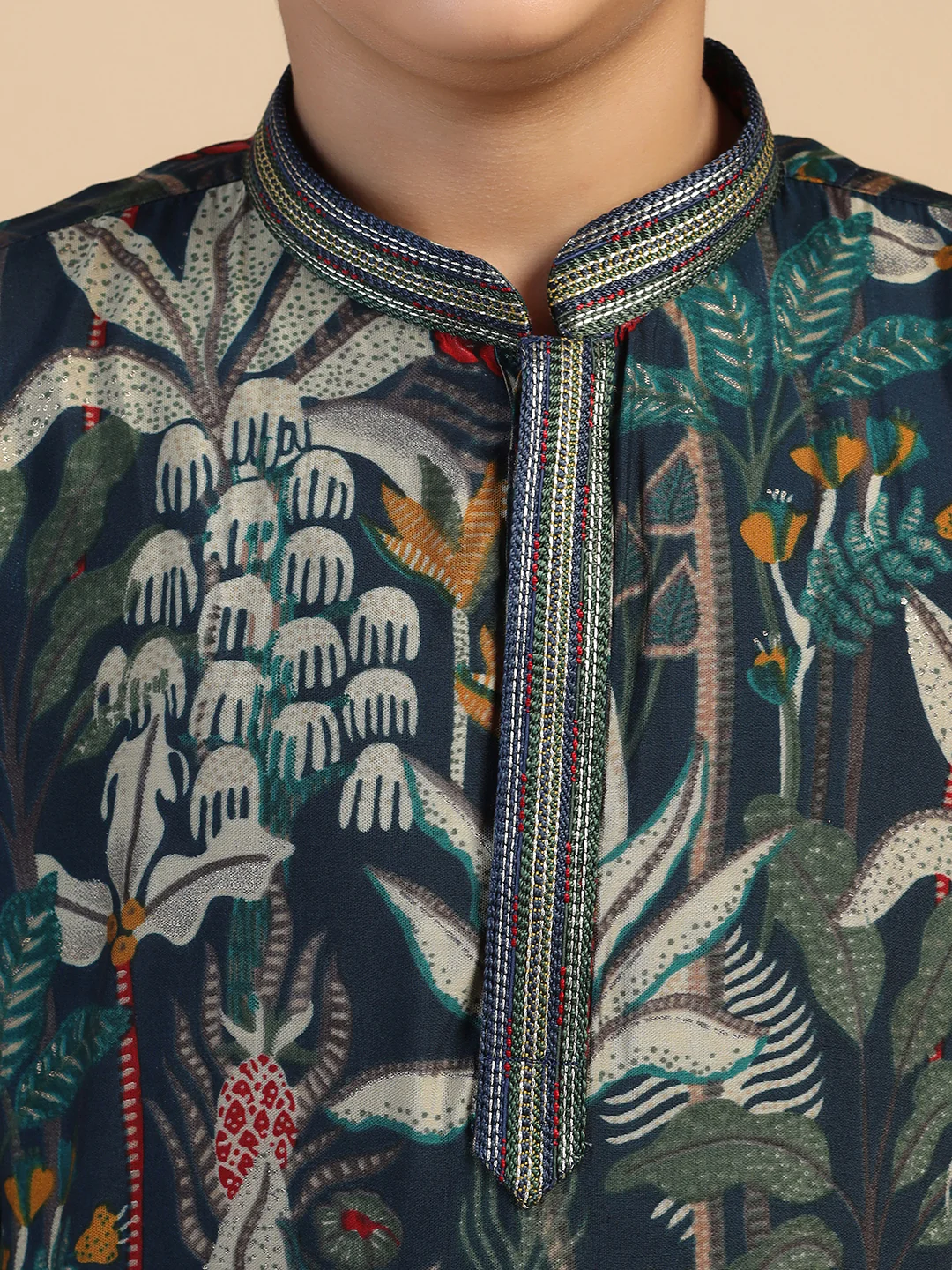 Boy's Navy Blue Floral Kurta Pyjama Set - Image 5