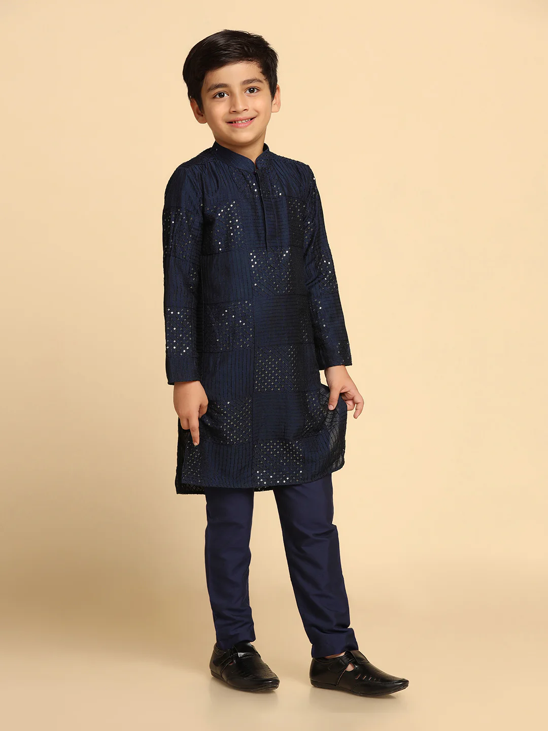 Boy's Navy Blue kurta Pyjama Set - Image 2