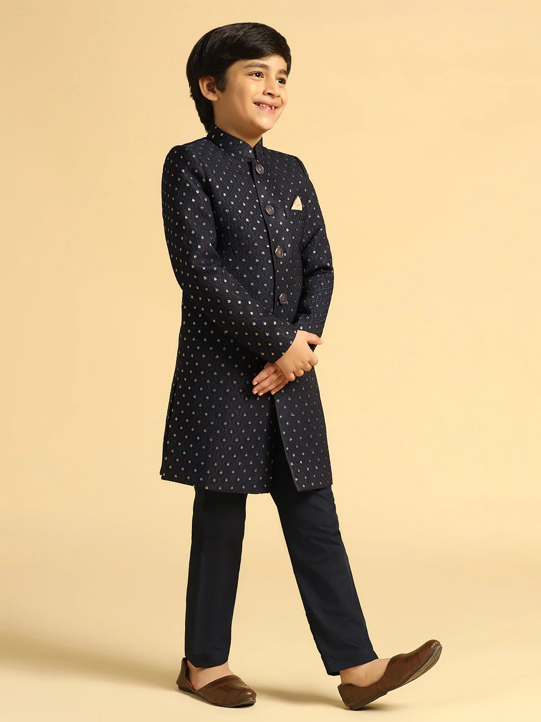 Boy's Navy Blue Self Design Indowestern Pyjama Set - Image 3
