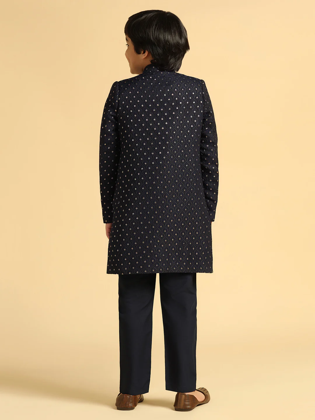 Boy's Navy Blue Self Design Indowestern Pyjama Set - Image 4
