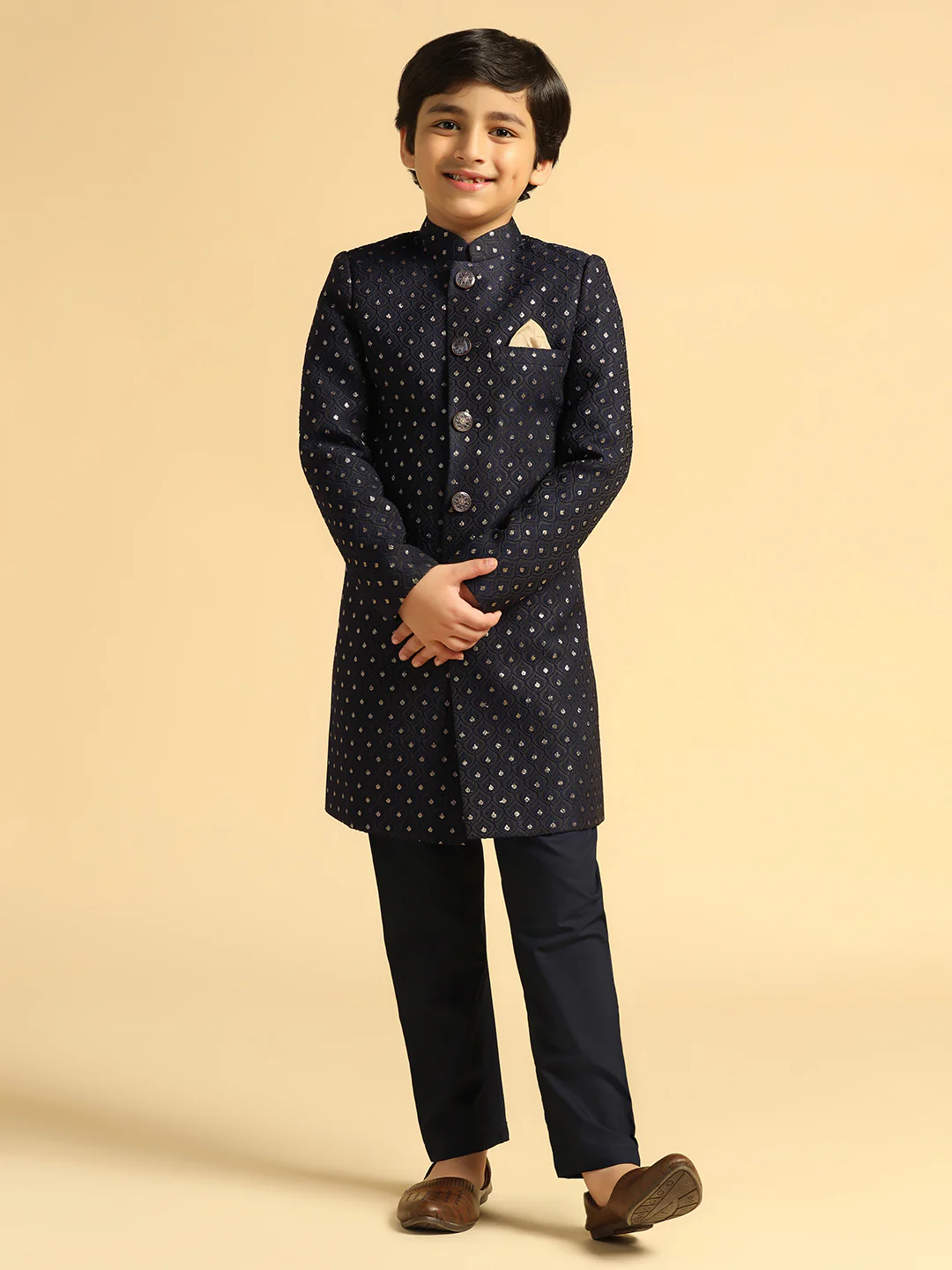 Boy's Navy Blue Self Design Indowestern Pyjama Set - Image 7