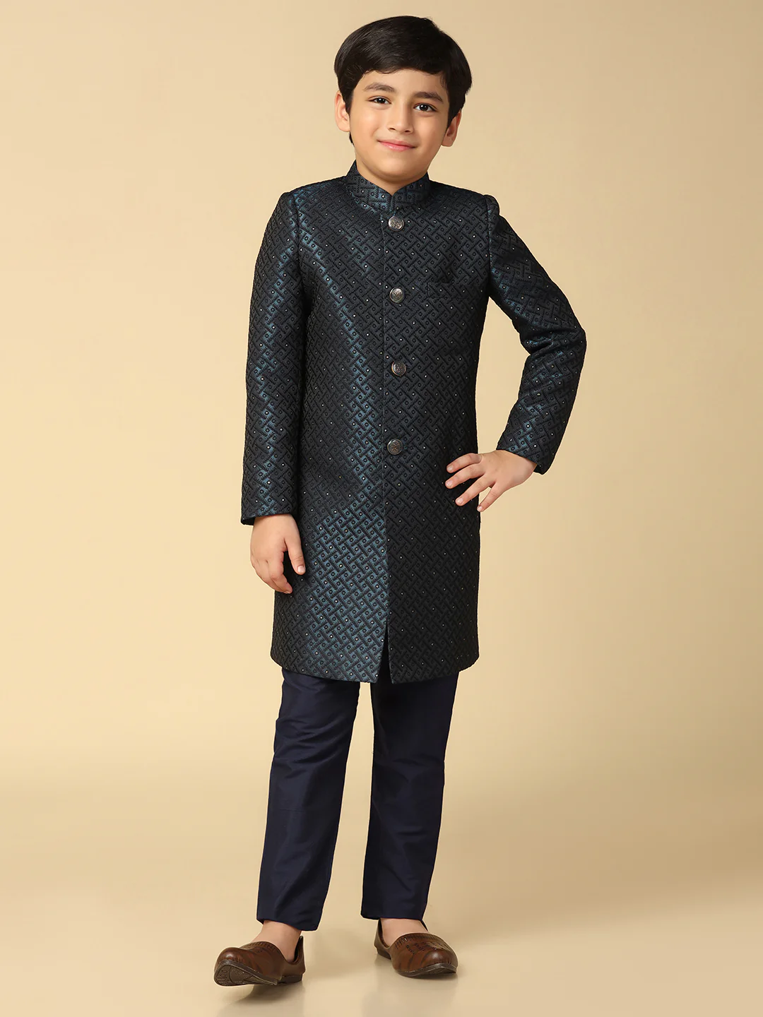 Boys Navy Blue Cotton Solid Pyjama - Image 2