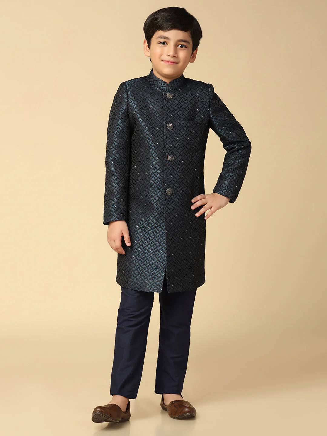 Boys Navy Blue Cotton Solid Pyjama - Image 3