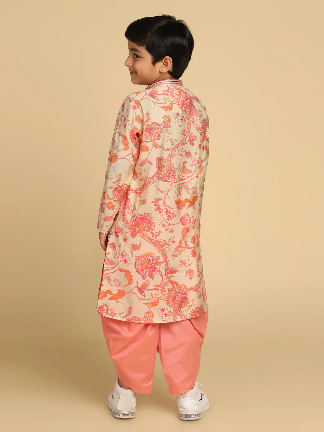 Boy's Off White Printed Floral Kurta Dhoti Pant Set - Image 4
