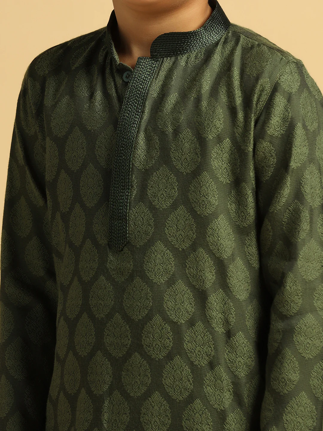 Boy's Olive Self Design Kurta - Image 5