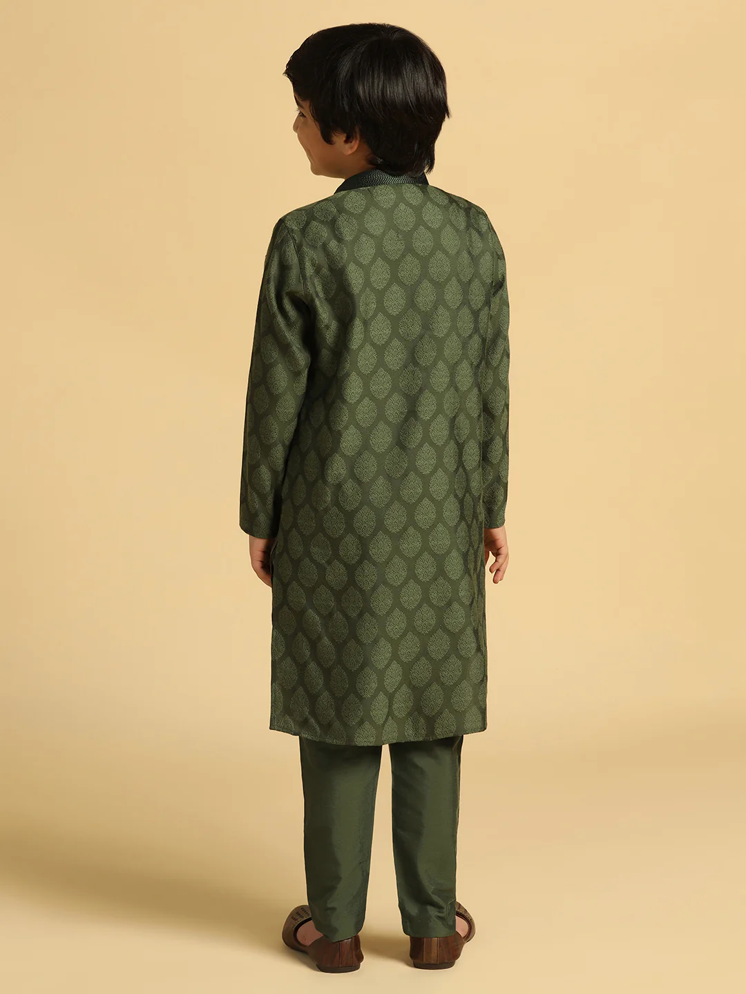 Boy's Olive Self Design Kurta Pyjama Set - Image 4