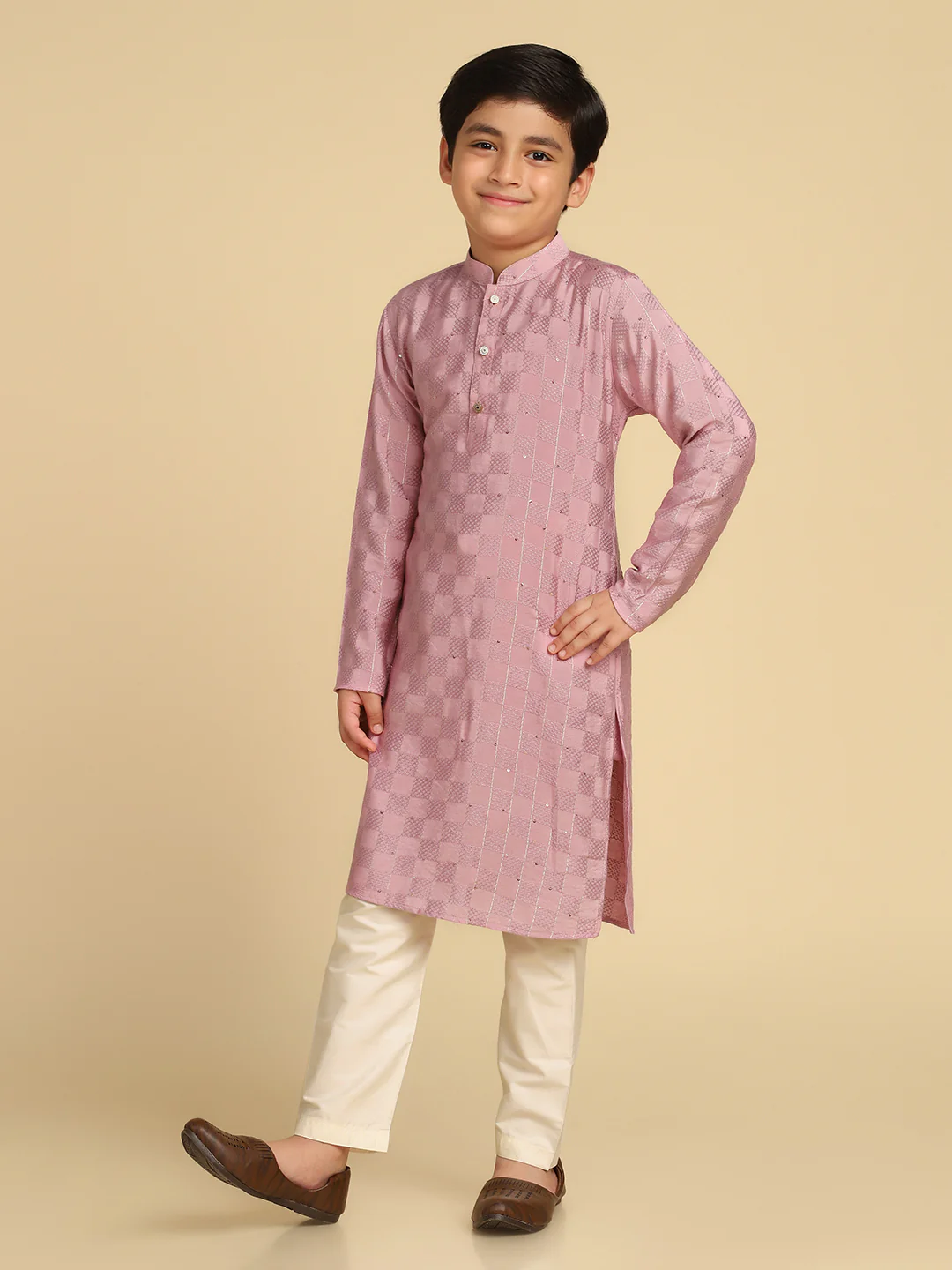 Boy's Onion Pink Woven Design Checked Kurta - Image 3