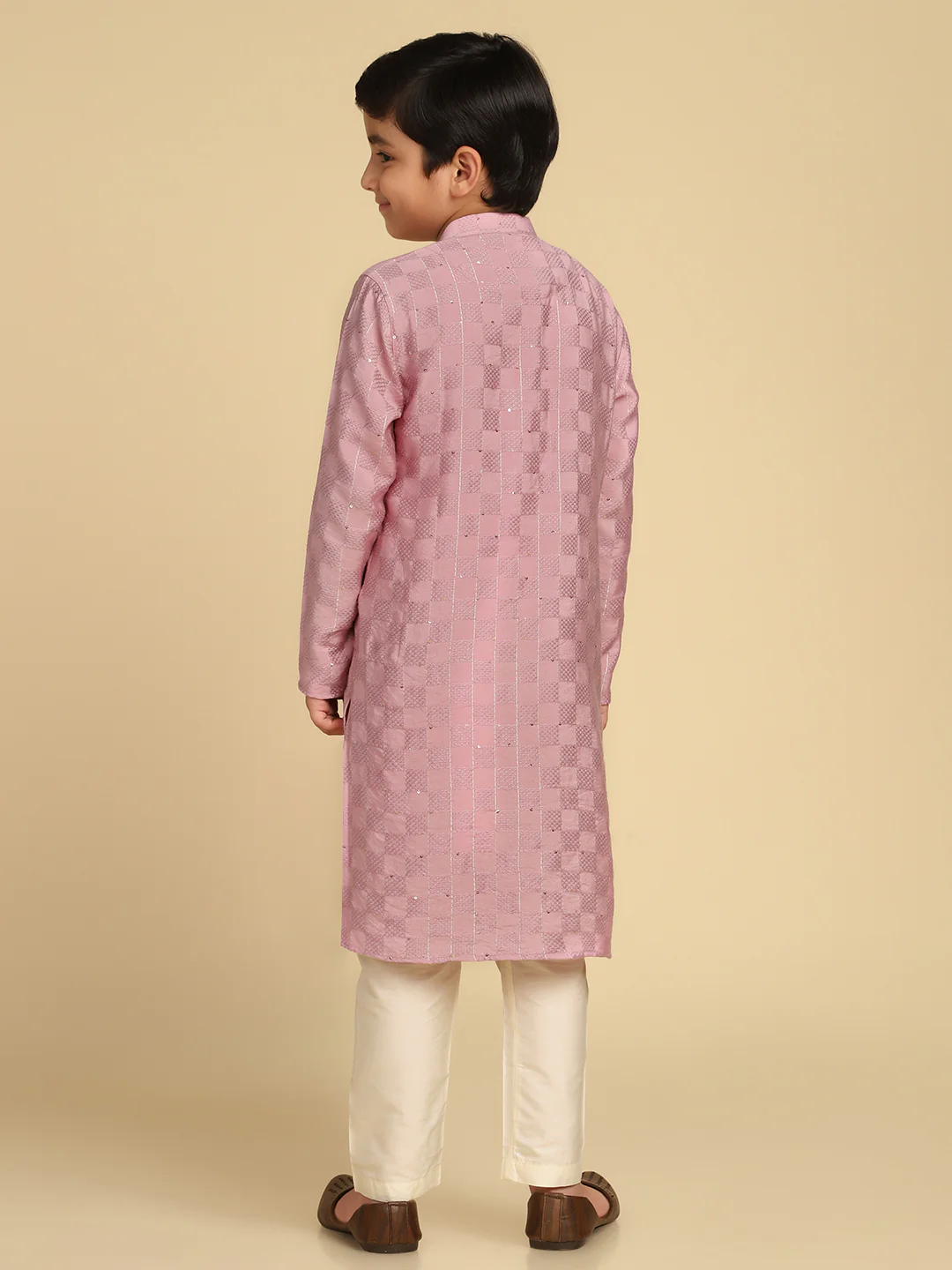 Boy's Onion Pink Woven Design Checked Kurta - Image 4
