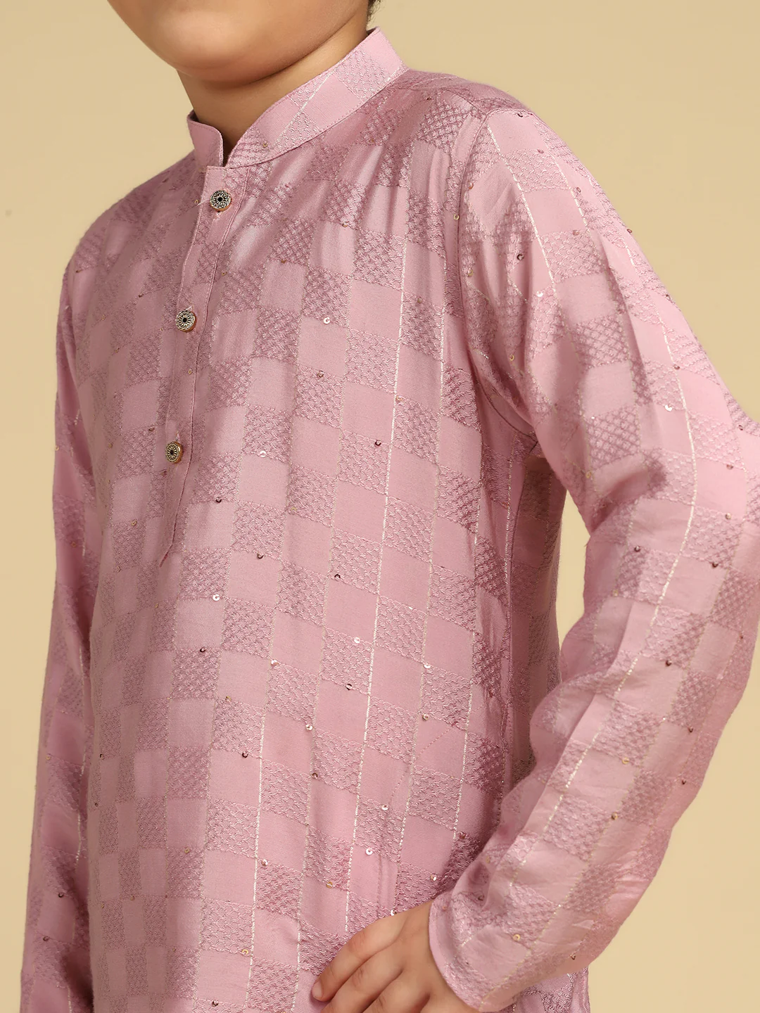 Boy's Onion Pink Woven Design Checked Kurta - Image 5