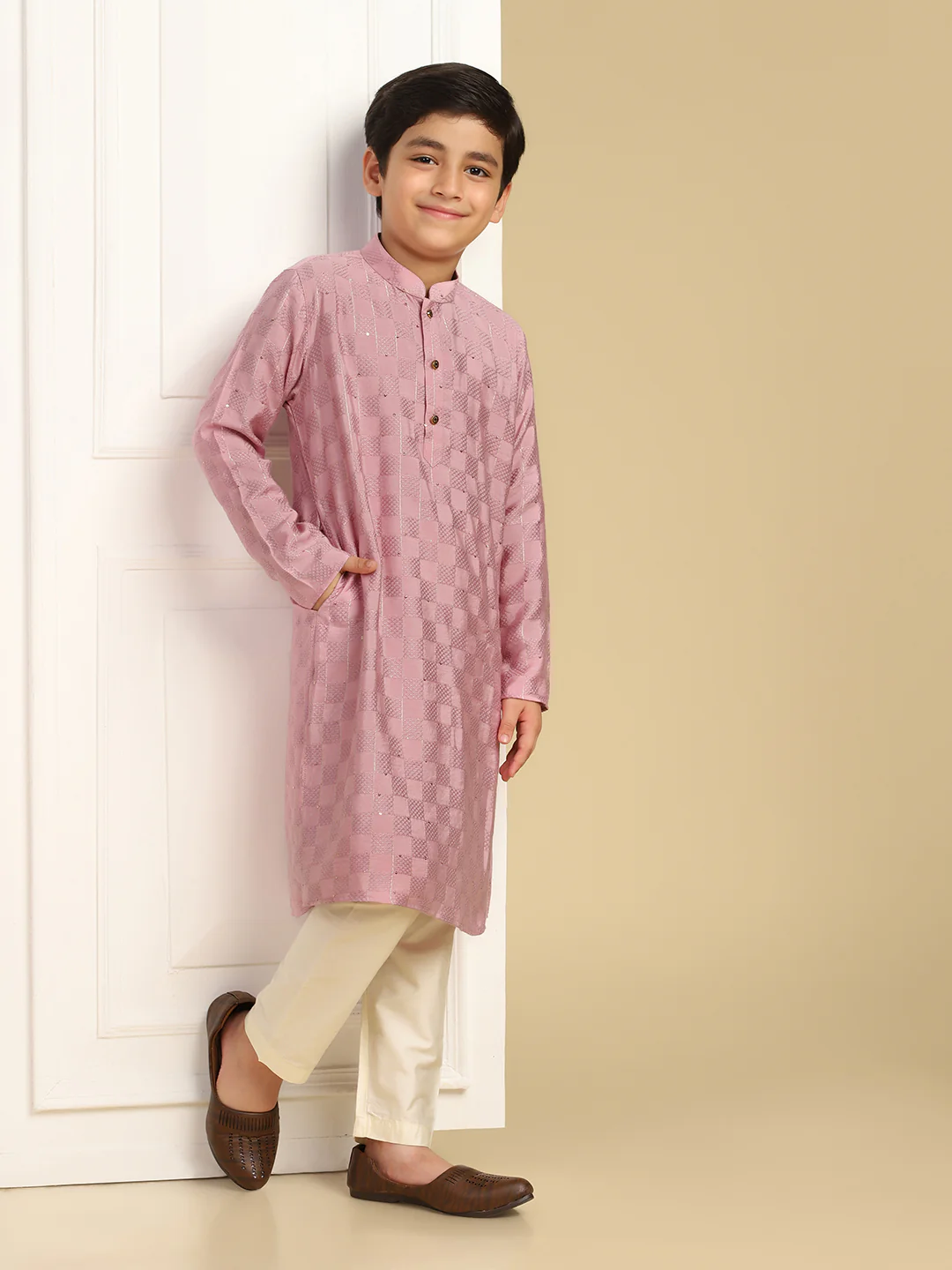 Boy's Onion Pink Woven Design Checked Kurta - Image 6