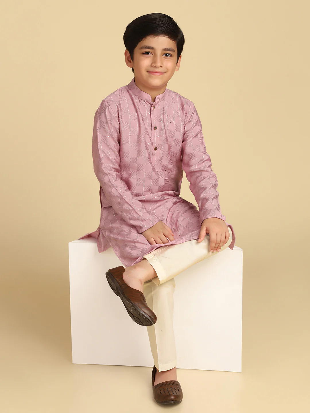 Boy's Onion Pink Woven Design Checked Kurta - Image 7