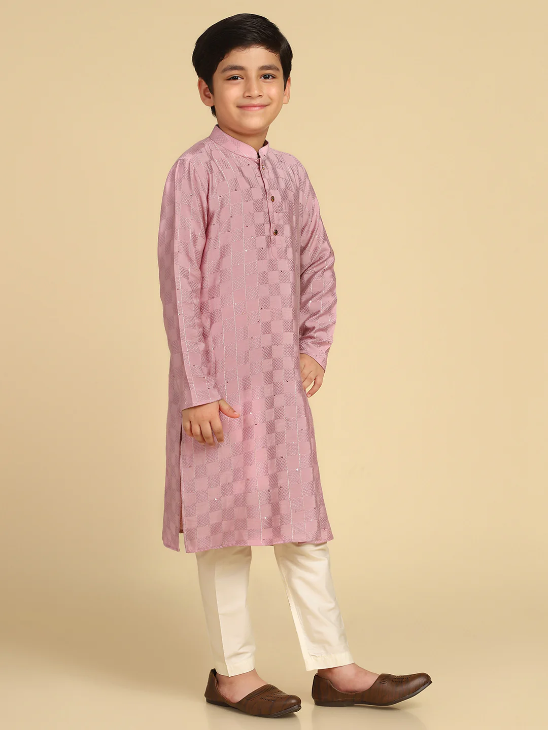 Boy's Onion Pink Woven Design Checked Kurta Pyjama Set - Image 2
