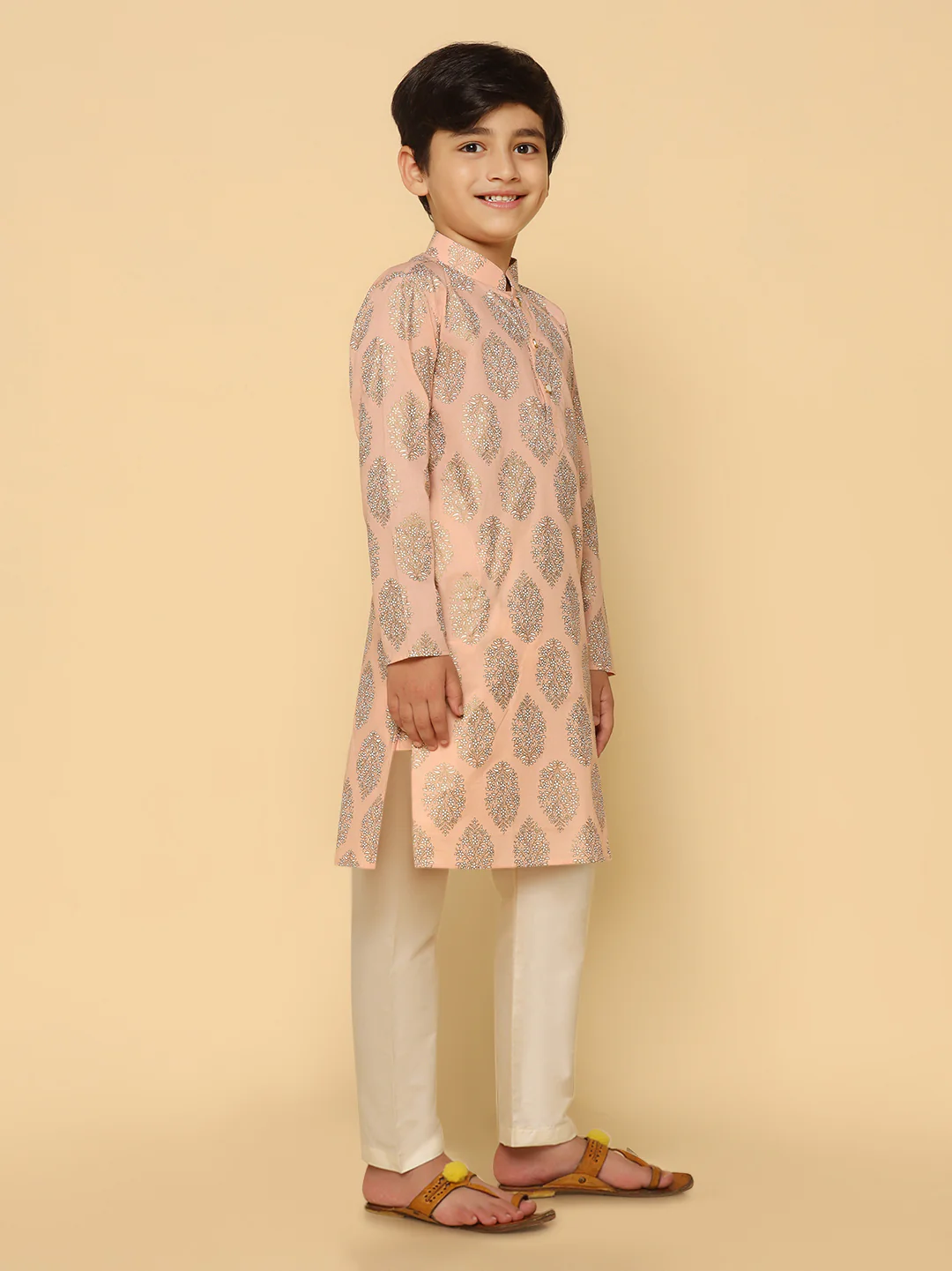 Boys Peach Kurta Pyjama Set - Image 2