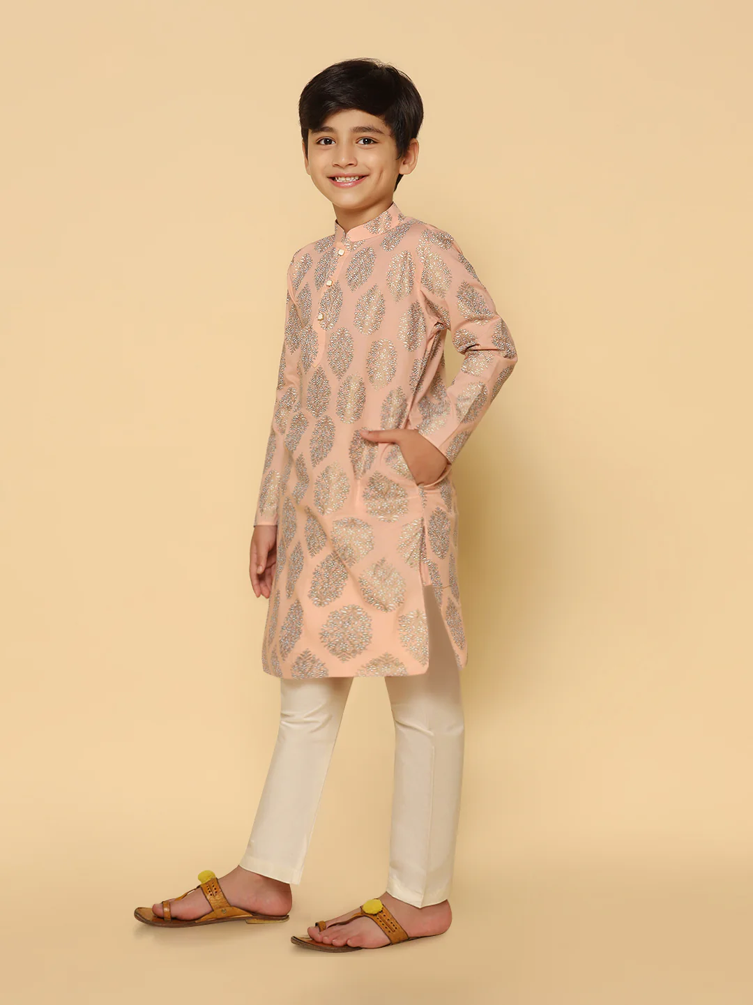 Boys Peach Kurta Pyjama Set - Image 3