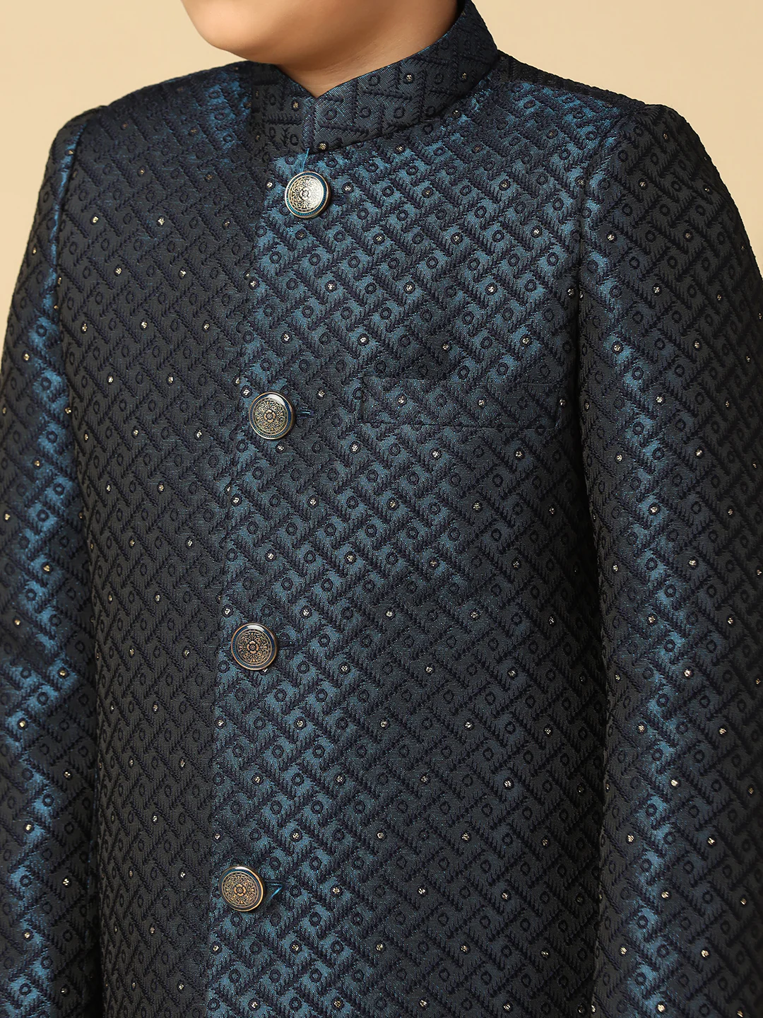 Boy's Turquoise Blue Embellished Woven Design Indowestern Pyjama Set - Image 4