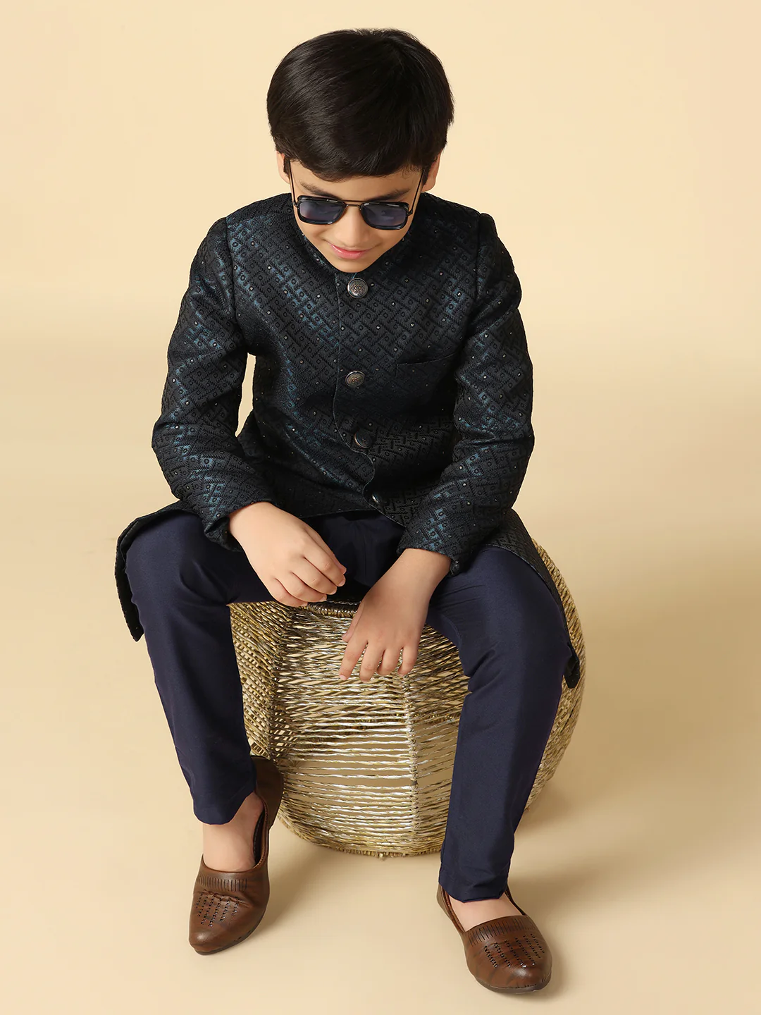 Boy's Turquoise Blue Embellished Woven Design Indowestern Pyjama Set - Image 6