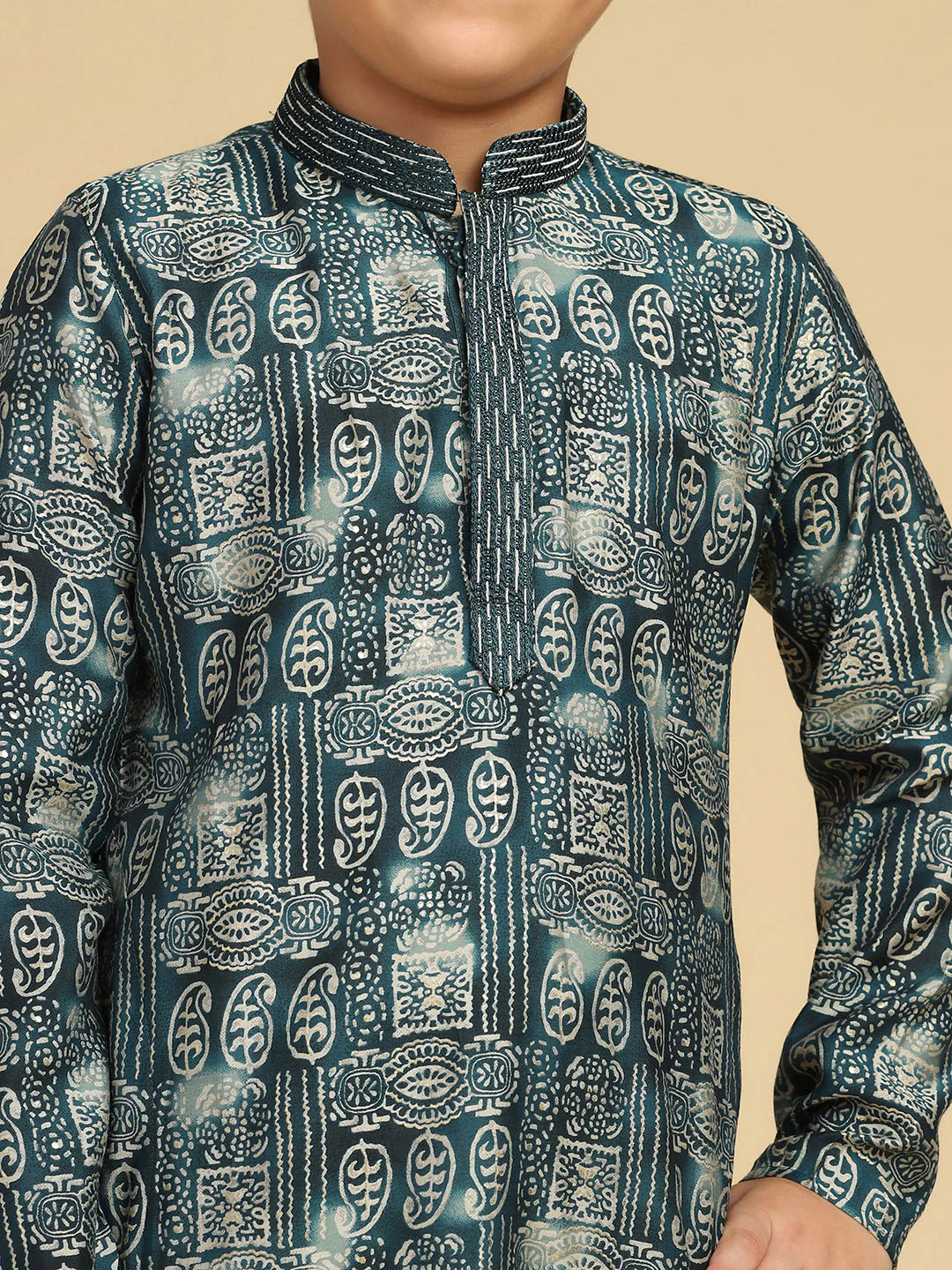 Boy's Turquoise Blue Printed Paisley Kurta - Image 5