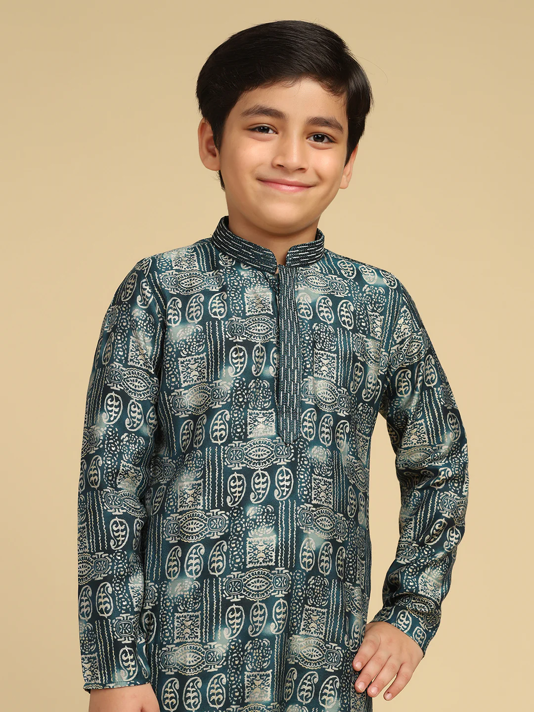 Boy's Turquoise Blue Printed Paisley Kurta Pyjama Set - Image 8