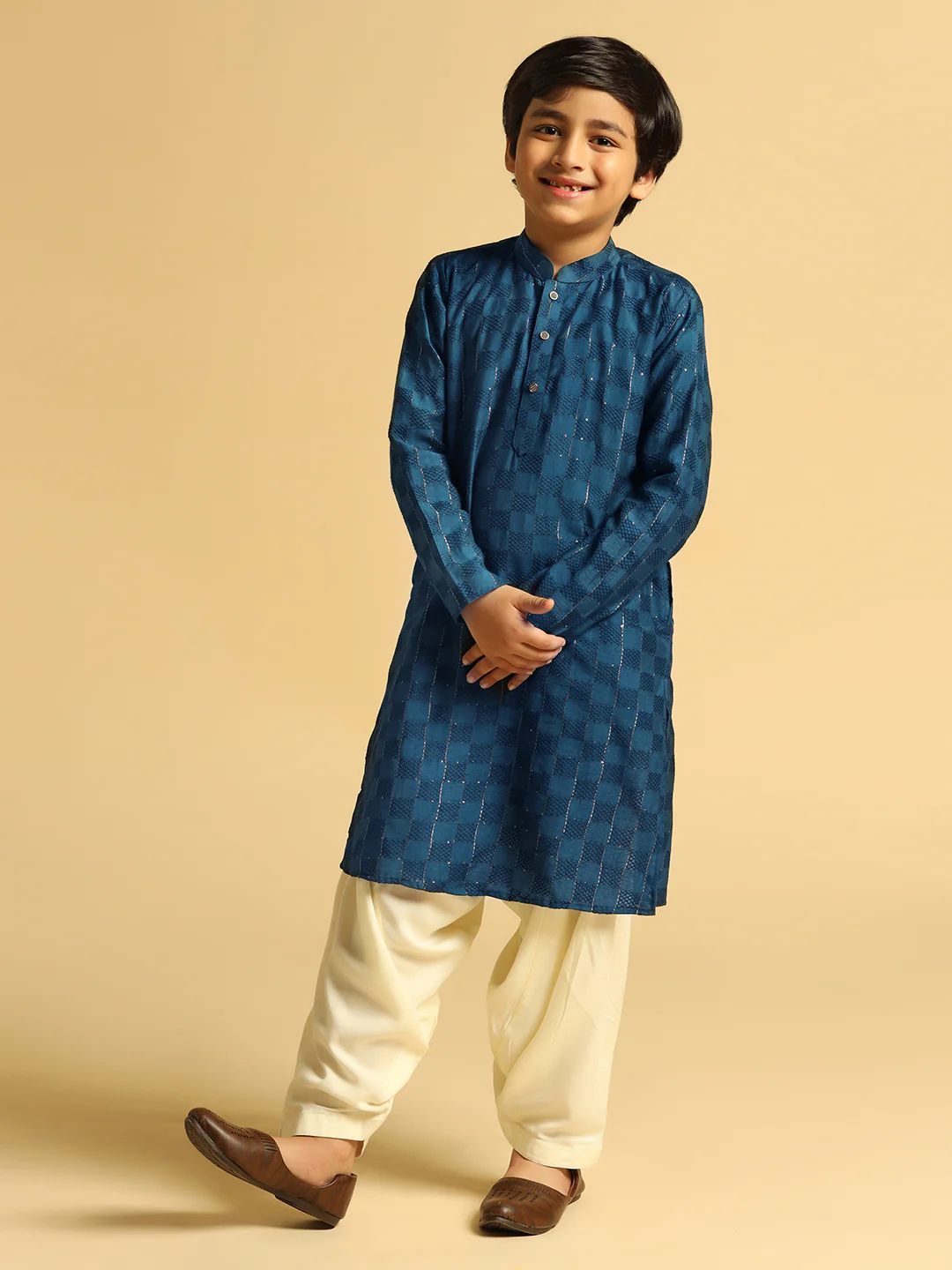 Boy's Turquoise Blue Self Design Kurta - Image 2