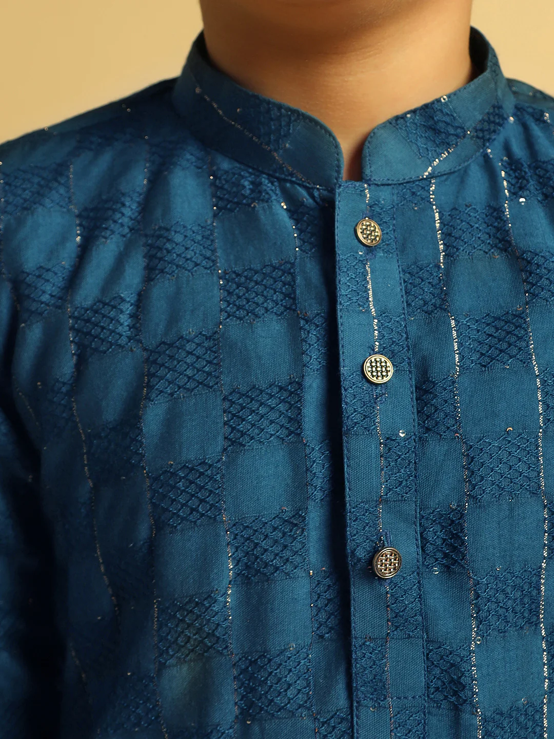 Boy's Turquoise Blue Self Design Kurta - Image 5