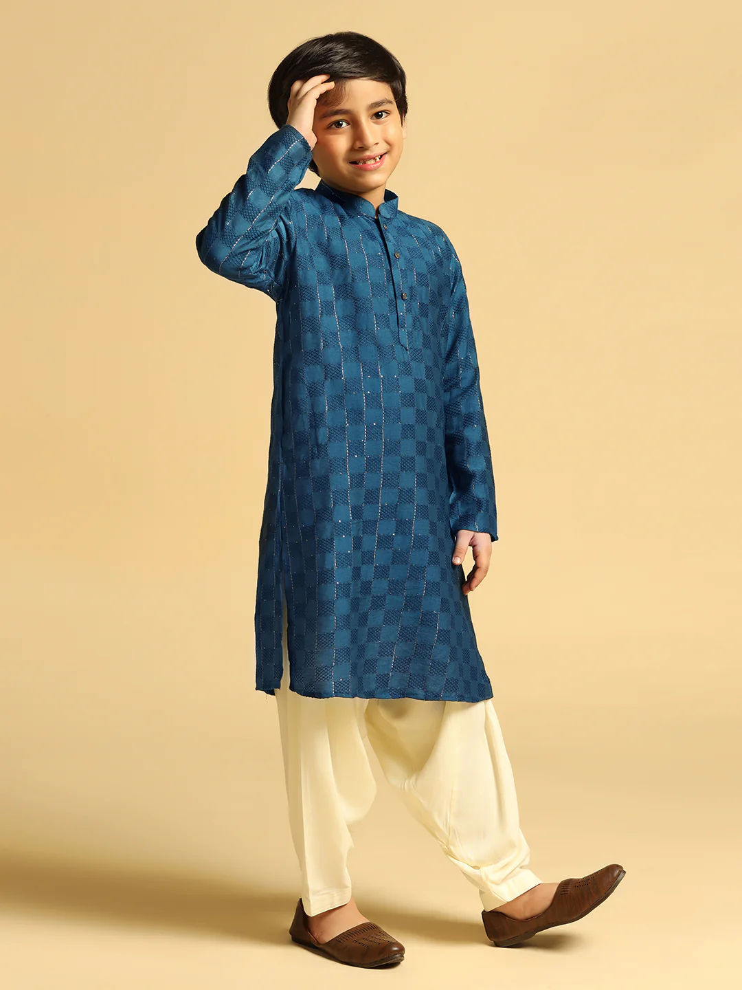 Boy's Turquoise Blue Self Design Kurta Patiala Set - Image 3