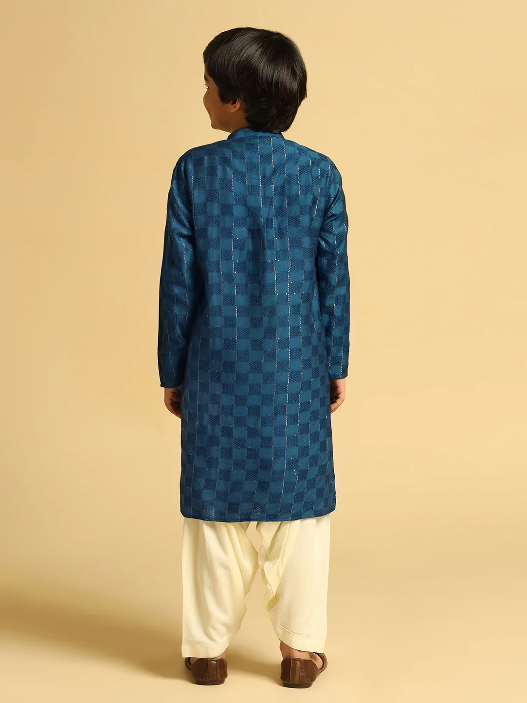 Boy's Turquoise Blue Self Design Kurta Patiala Set - Image 4