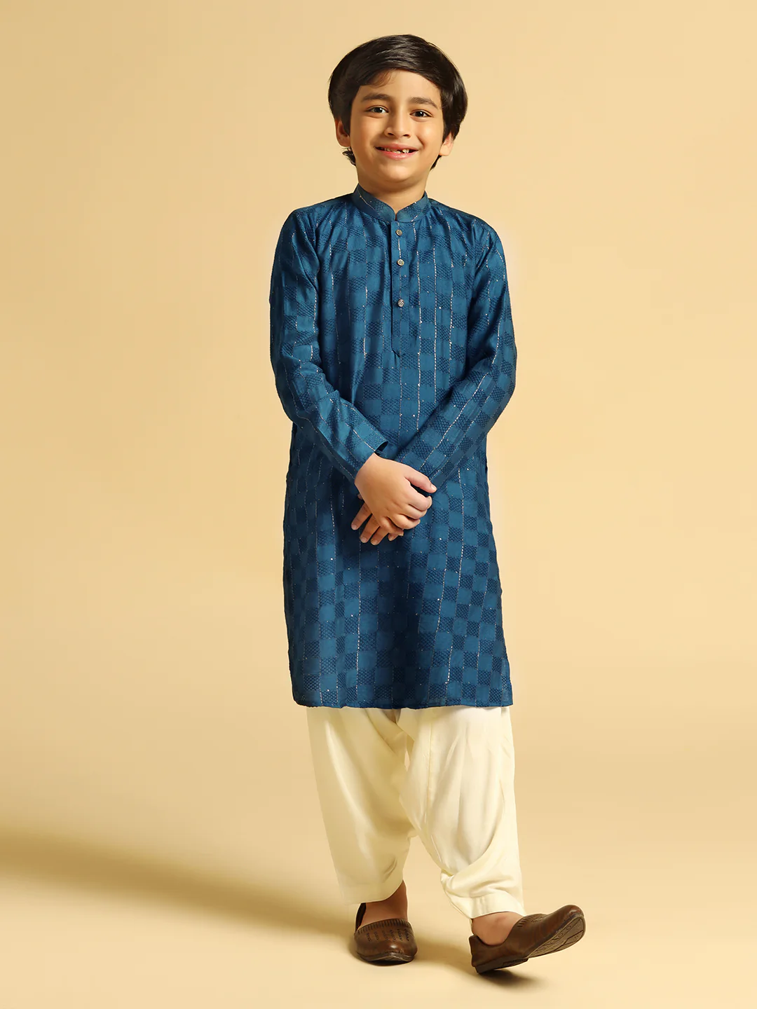 Boy's Turquoise Blue Self Design Kurta Patiala Set - Image 7