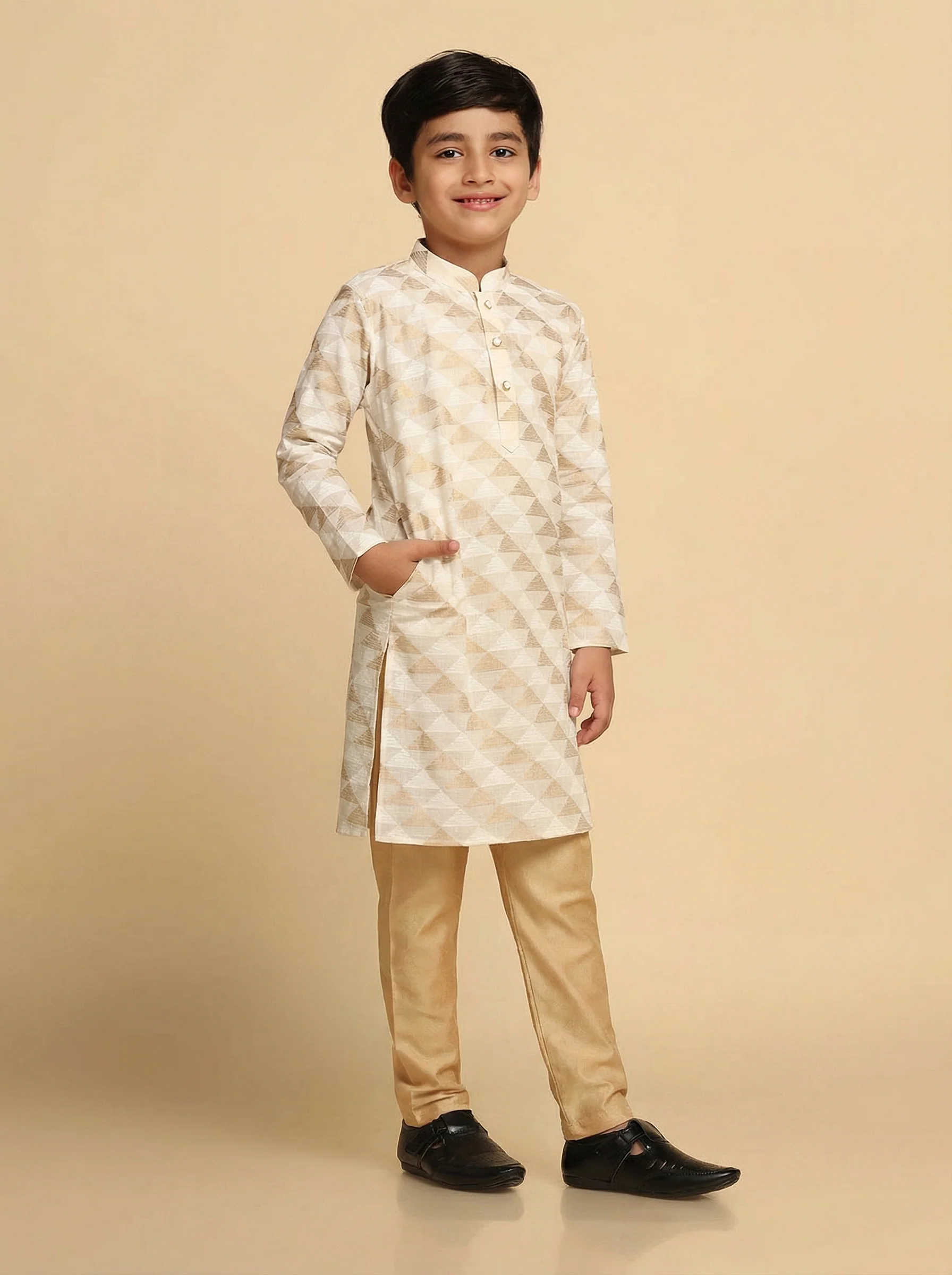 Boy's White & Gold Printed Kurta - Image 2