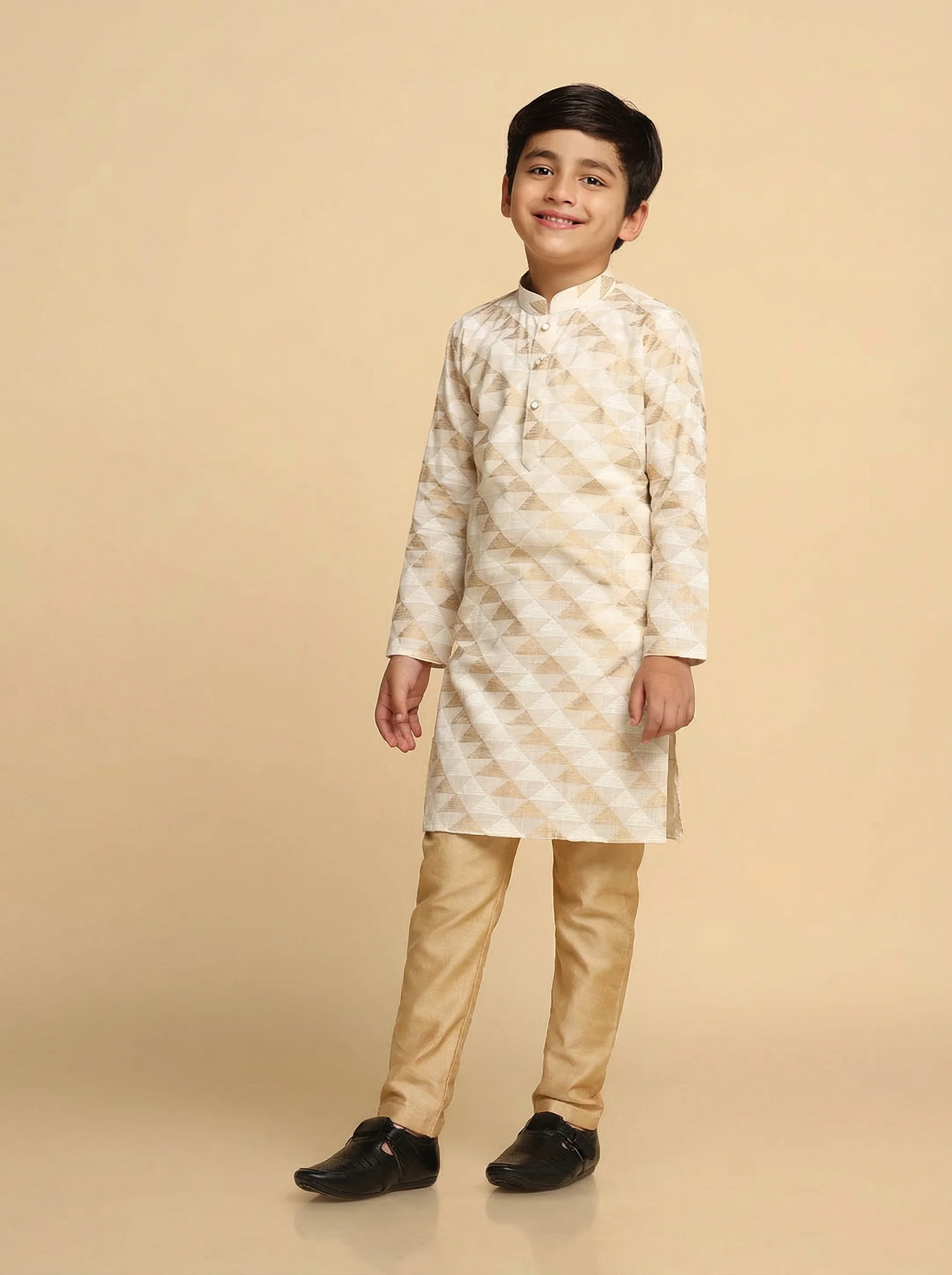 Boy's White & Gold Printed Kurta - Image 3