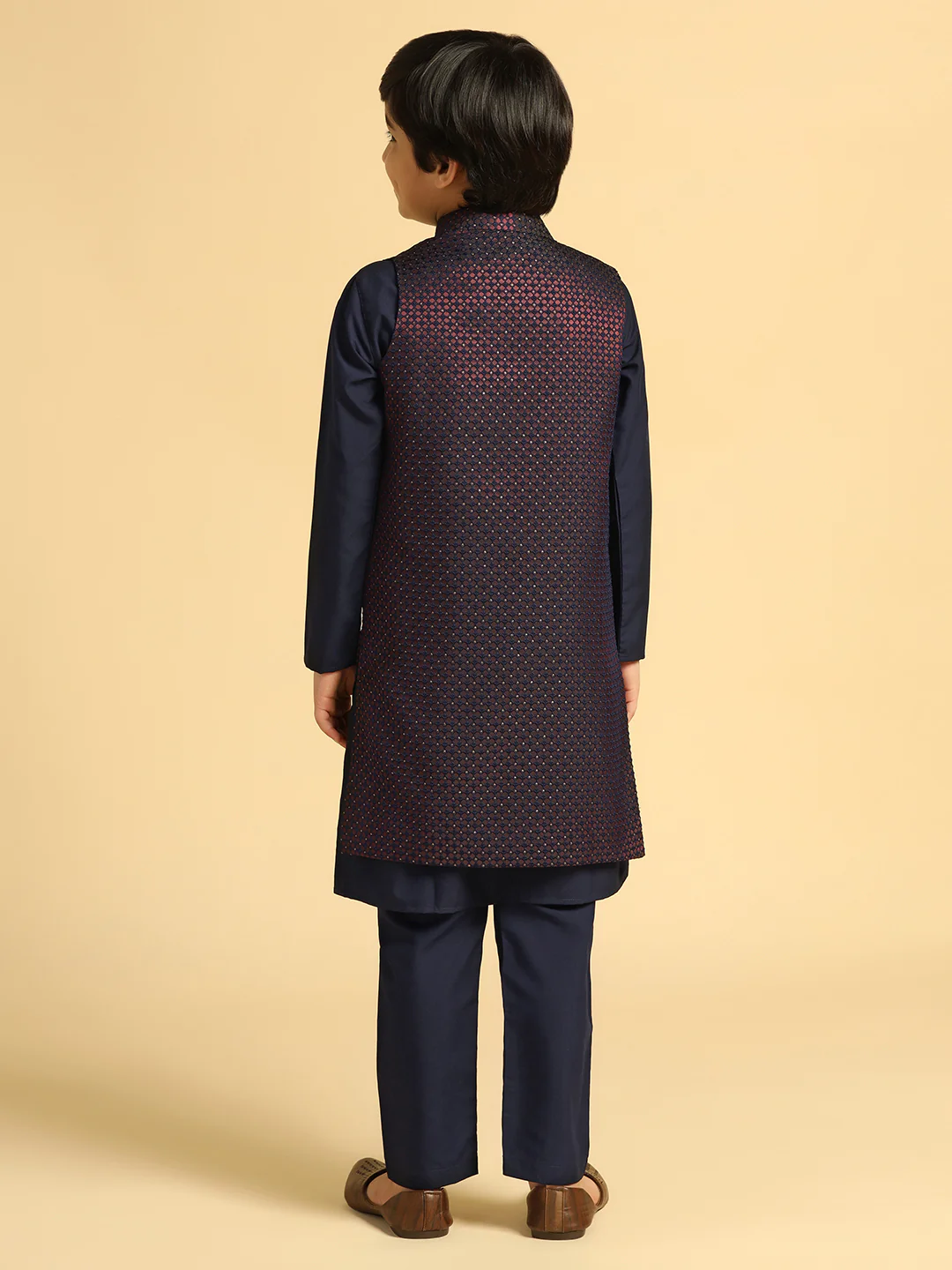 Boy's Wine Self Design Kurta Jacket Pyjama Set - Image 4