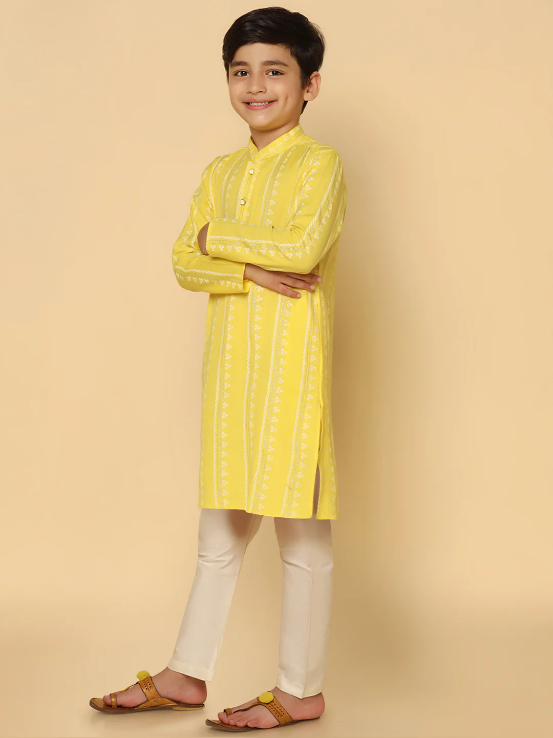 Boys Yellow Kurta Pyjama Set - Image 2