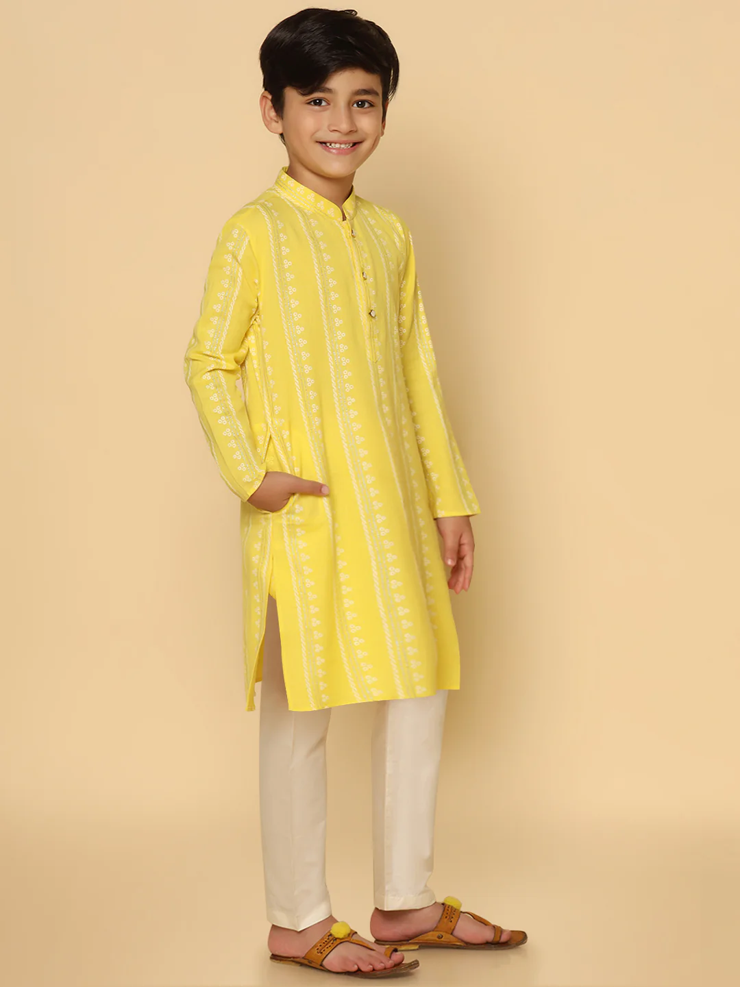 Boys Yellow Kurta Pyjama Set - Image 3