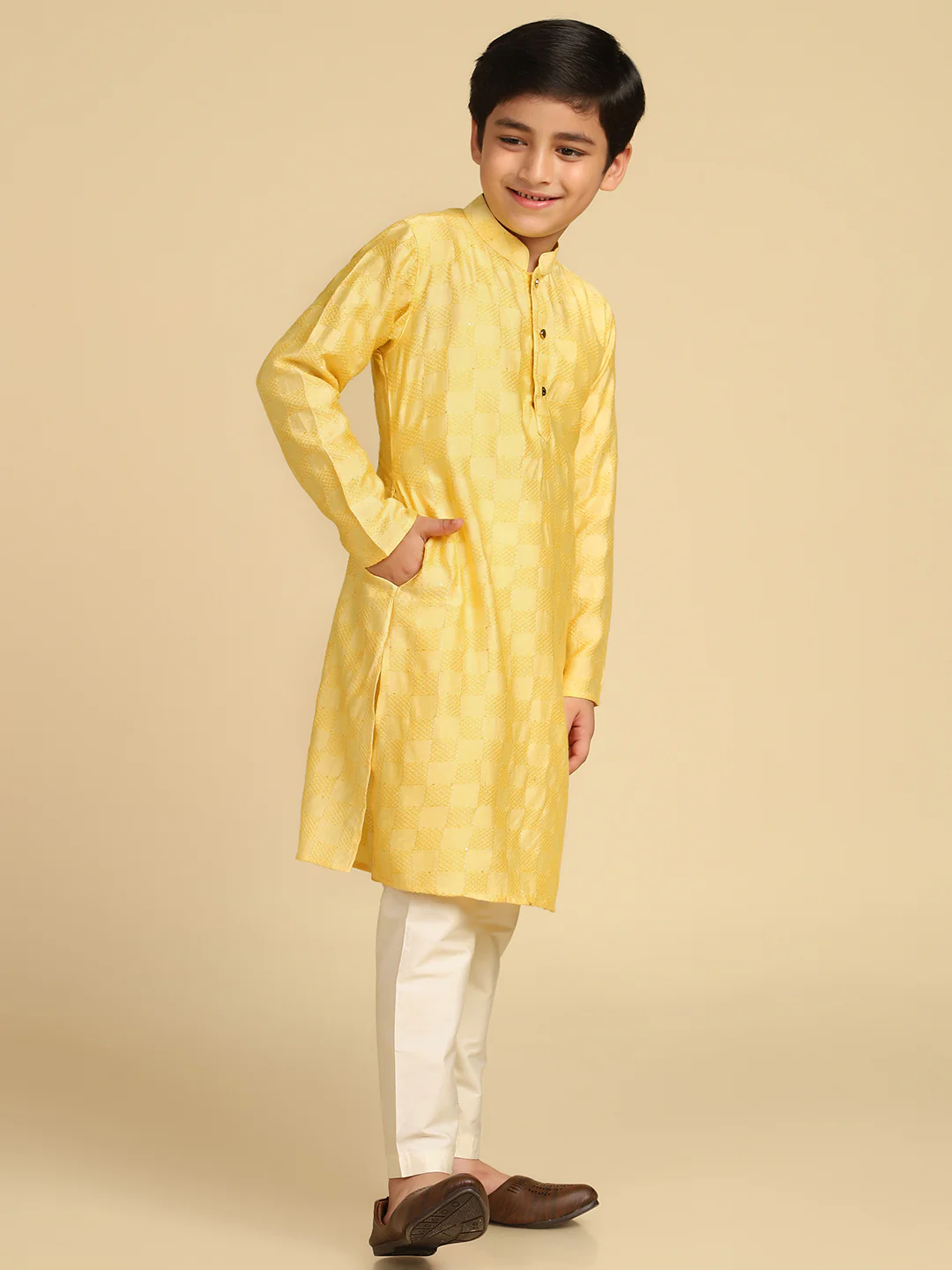 Boy's Yellow Woven Design Checked Kurta - Image 2