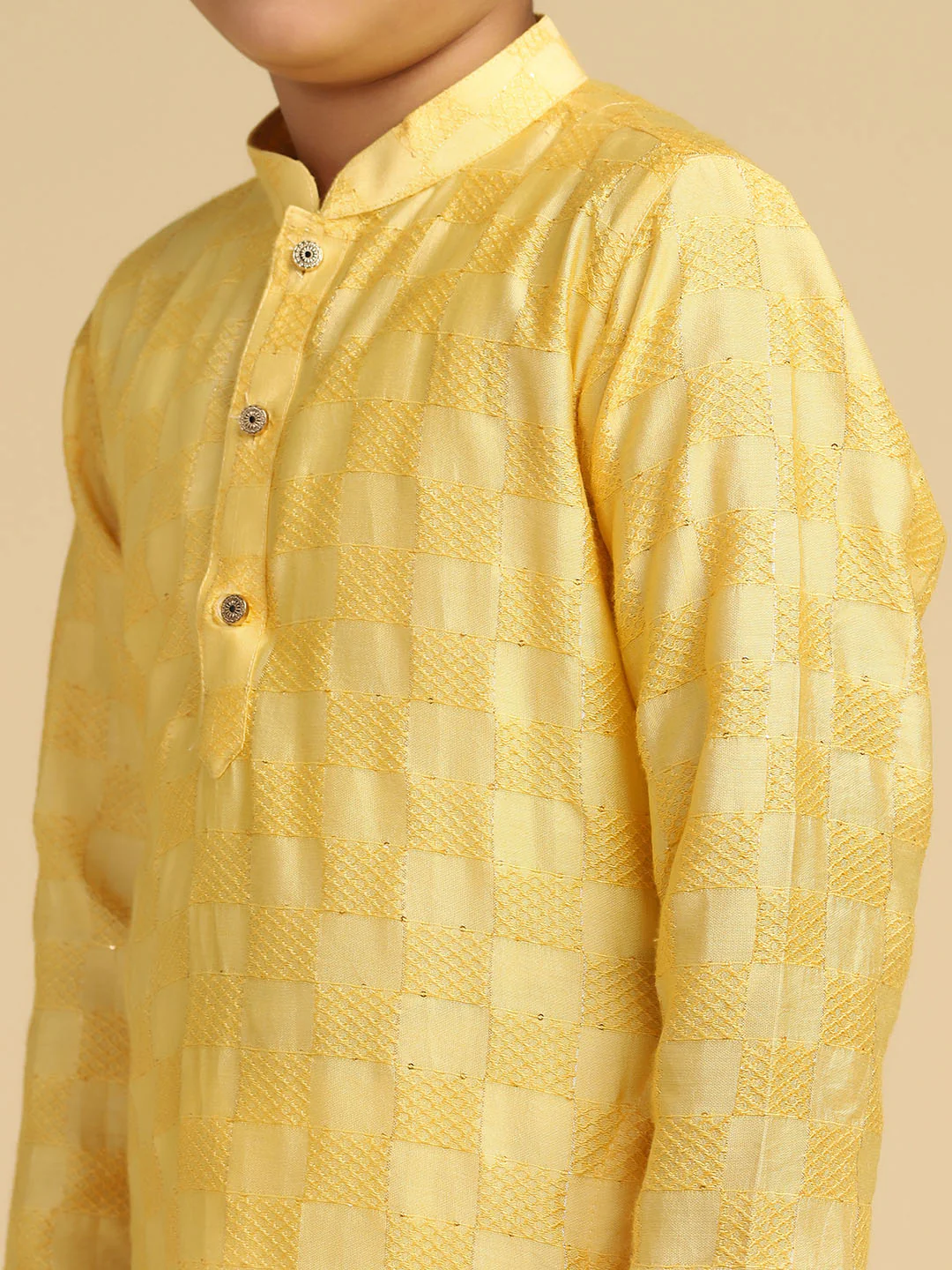 Boy's Yellow Woven Design Checked Kurta - Image 5