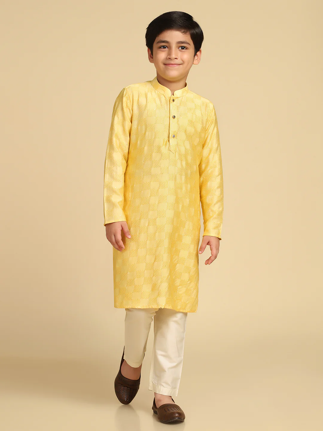 Boy's Yellow Woven Design Checked Kurta Pyjama Set