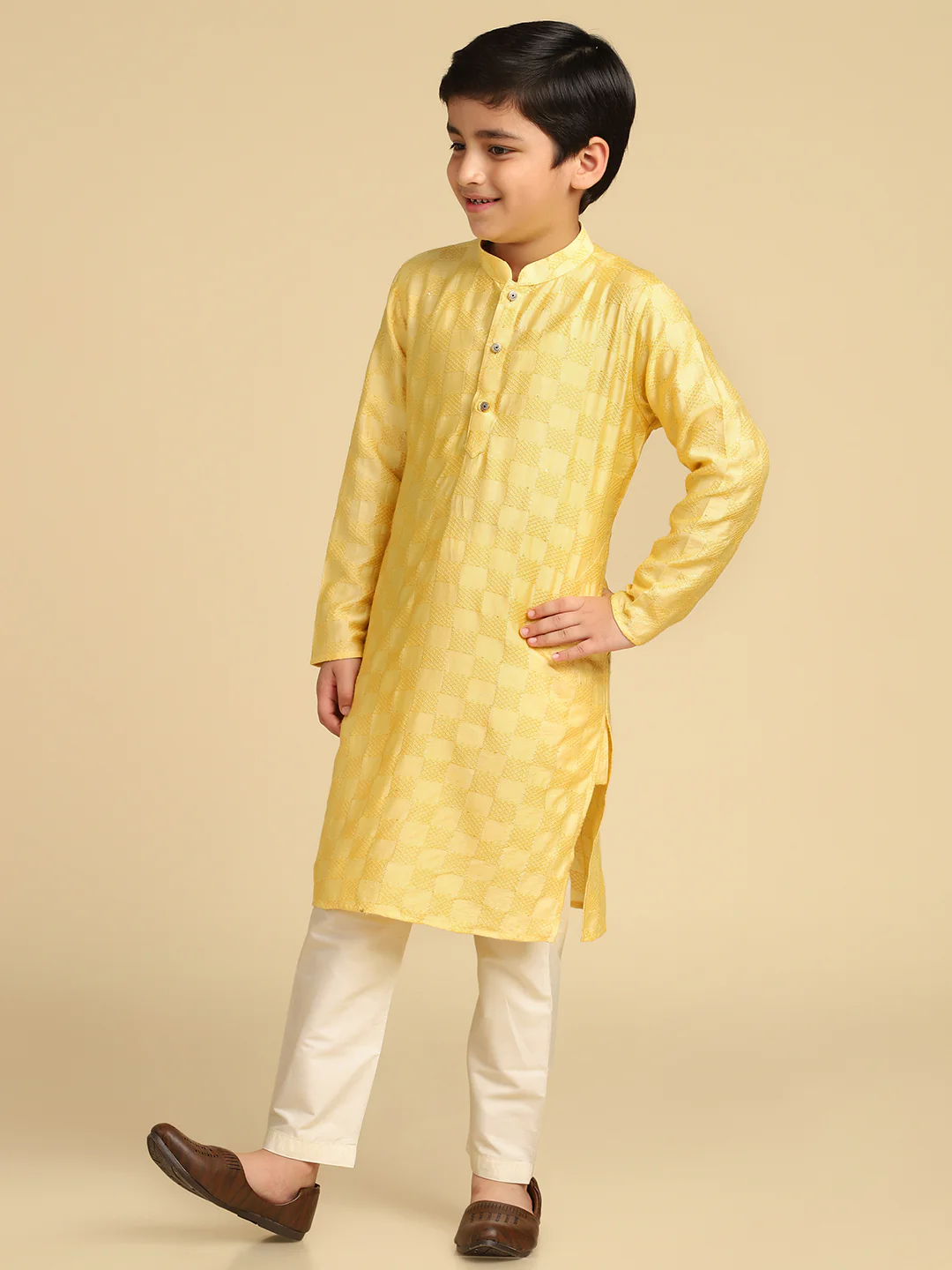 Boy's Yellow Woven Design Checked Kurta Pyjama Set - Image 4