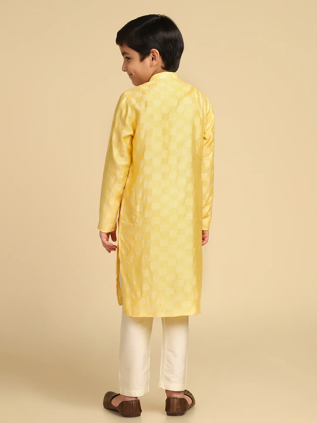 Boy's Yellow Woven Design Checked Kurta Pyjama Set - Image 5