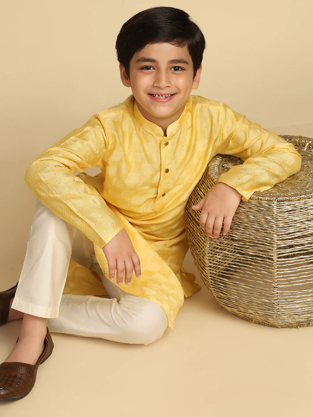 Boy's Yellow Woven Design Checked Kurta Pyjama Set - Image 8